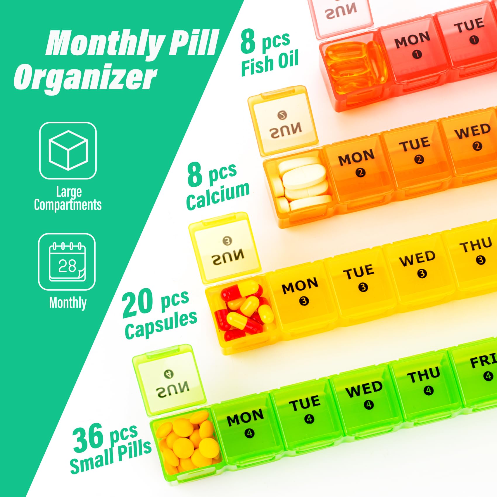 Yaklim grands-compartiments-pilules: capacité élevée pour vitamines et compléments.