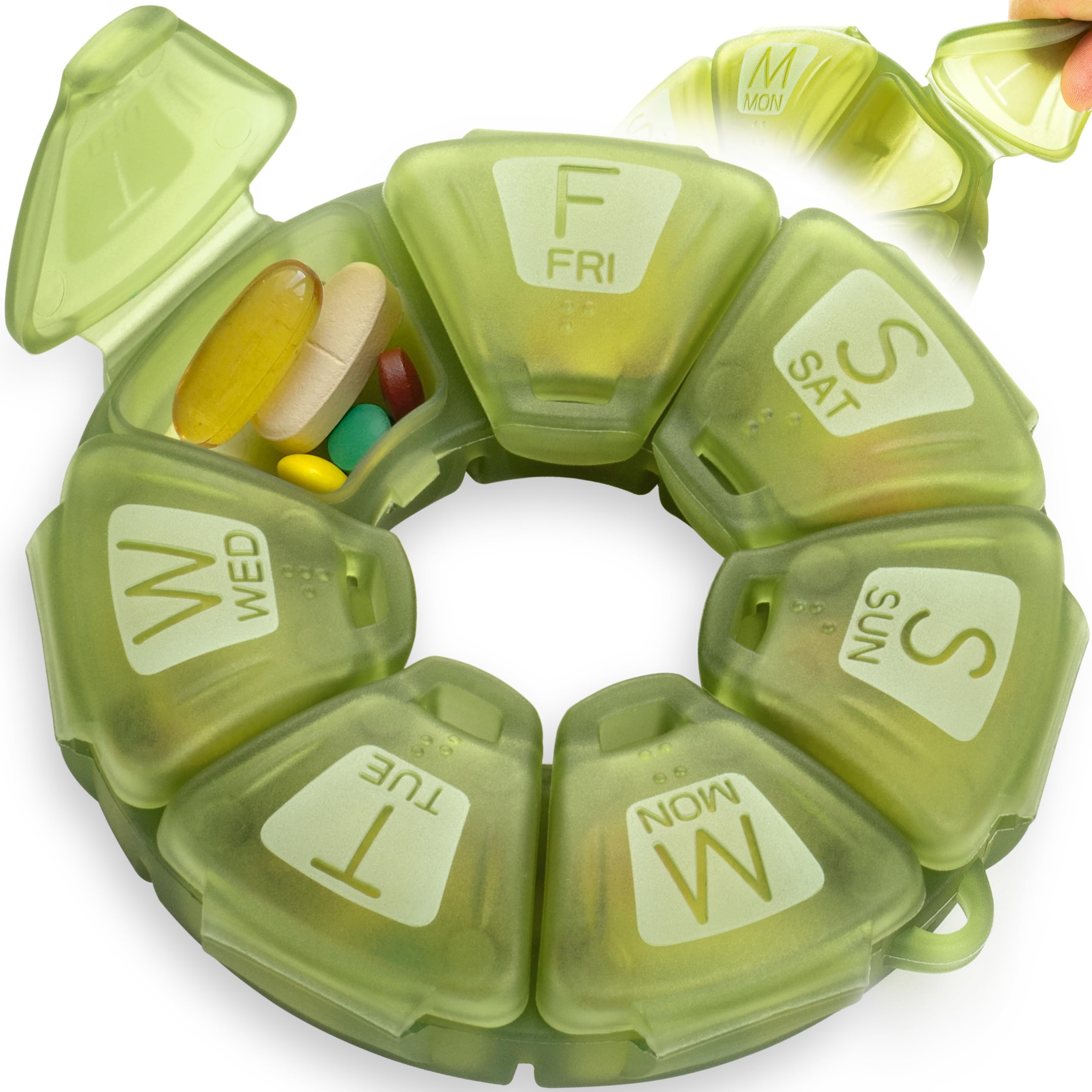 Yaklim organiseur hebdomadaire olive avec sept compartiments, pratique pour les vitamines.