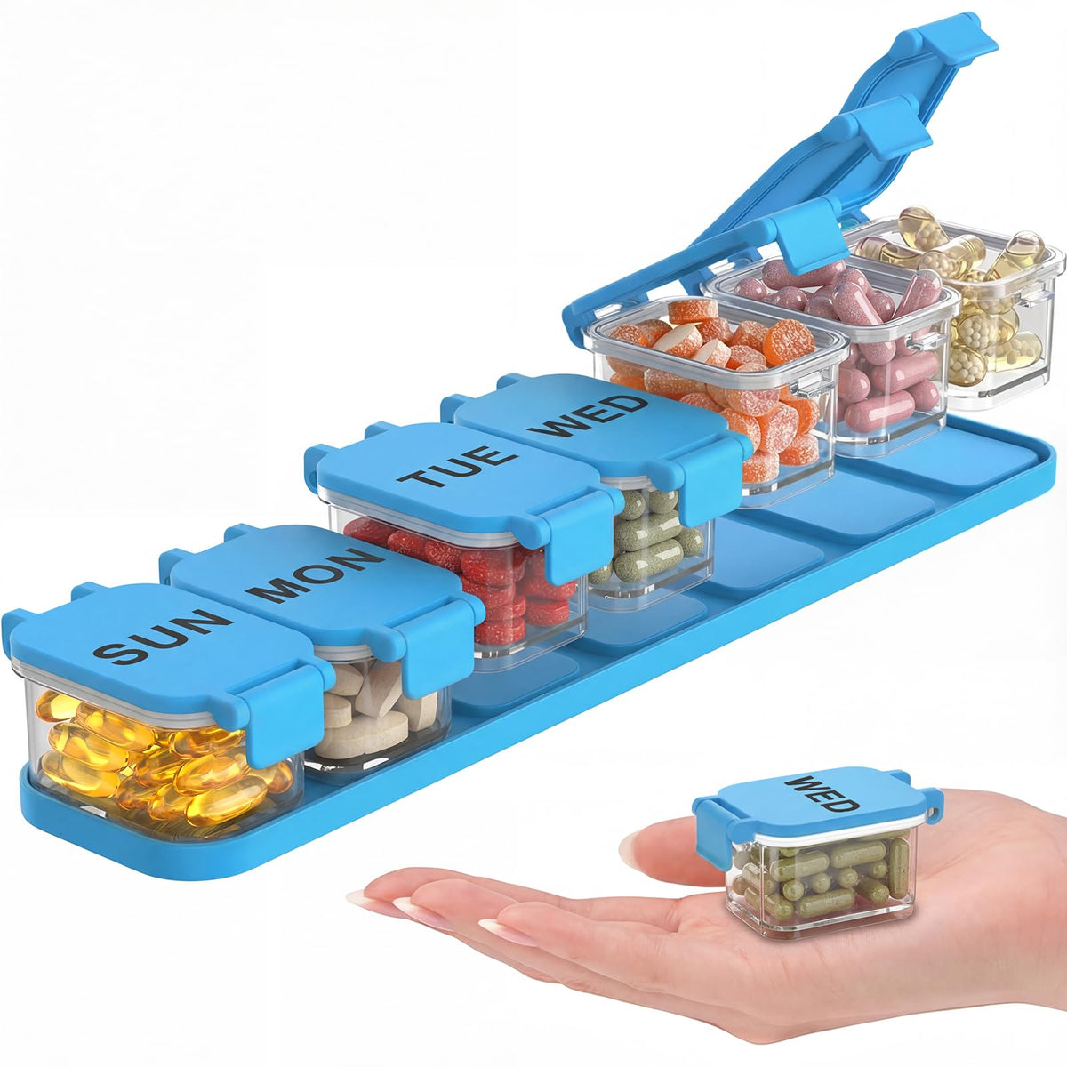 Yaklim organiseur pilules semaine bleu – pratique et compact pour la routine quotidienne.