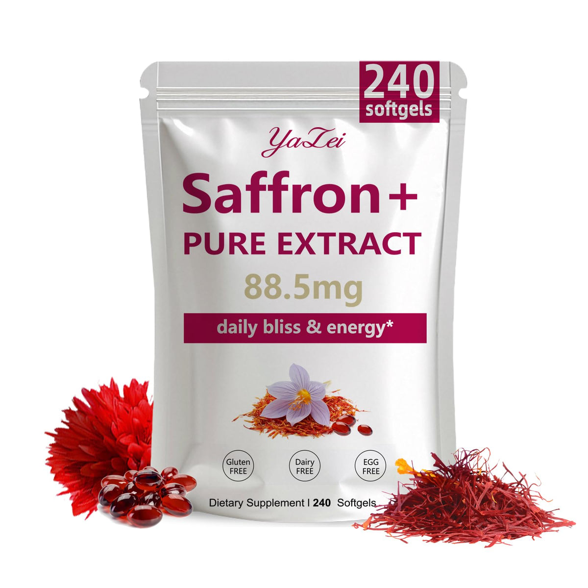 Bouteille Yalei gélules safran 88,5 mg, format pratique.