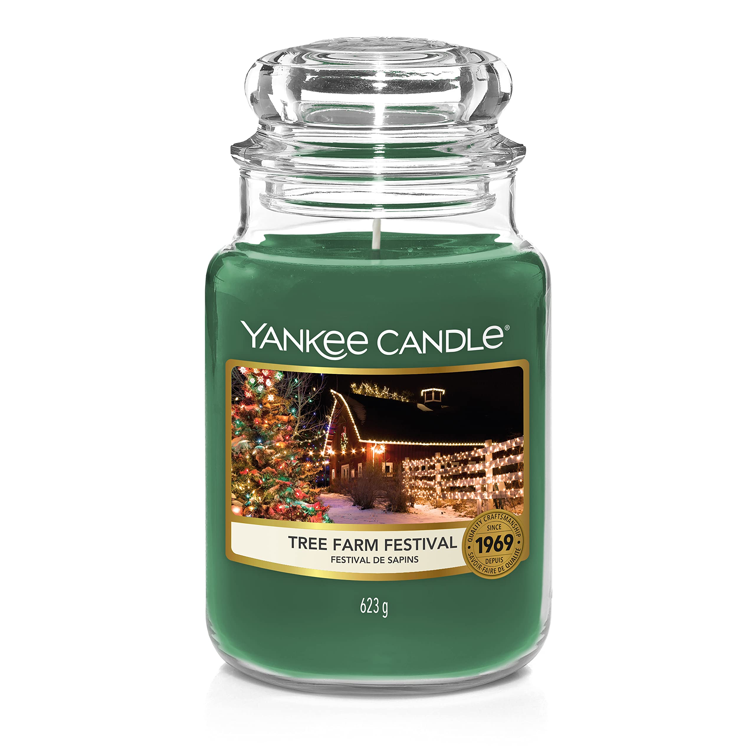 Bougie Yankee Candle Tree Farm Festival dans un grand pot pour une ambiance festive.