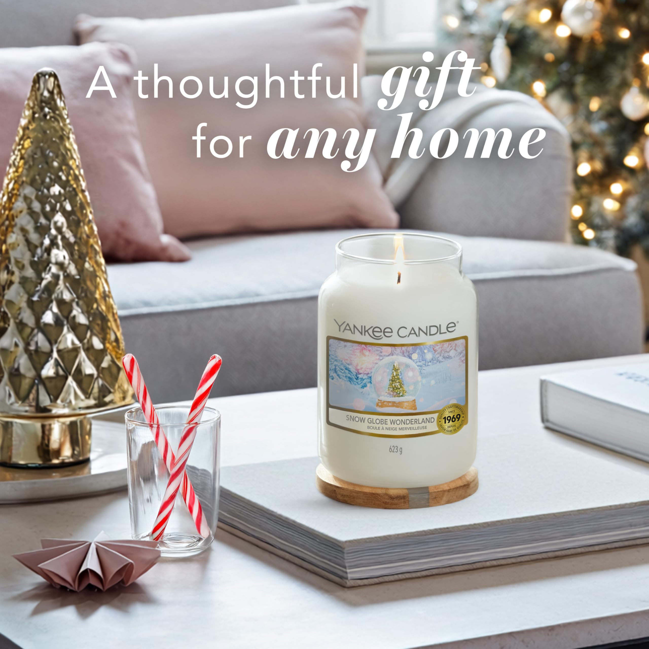 Bougie Yankee Candle Monde neige boule, grand bocal, étiquette amovible pour look personnalisé.