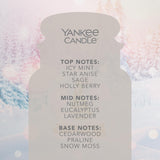 Bougie Yankee Candle Monde neige boule, grand bocal, arômes menthe et eucalyptus rafraîchissants.