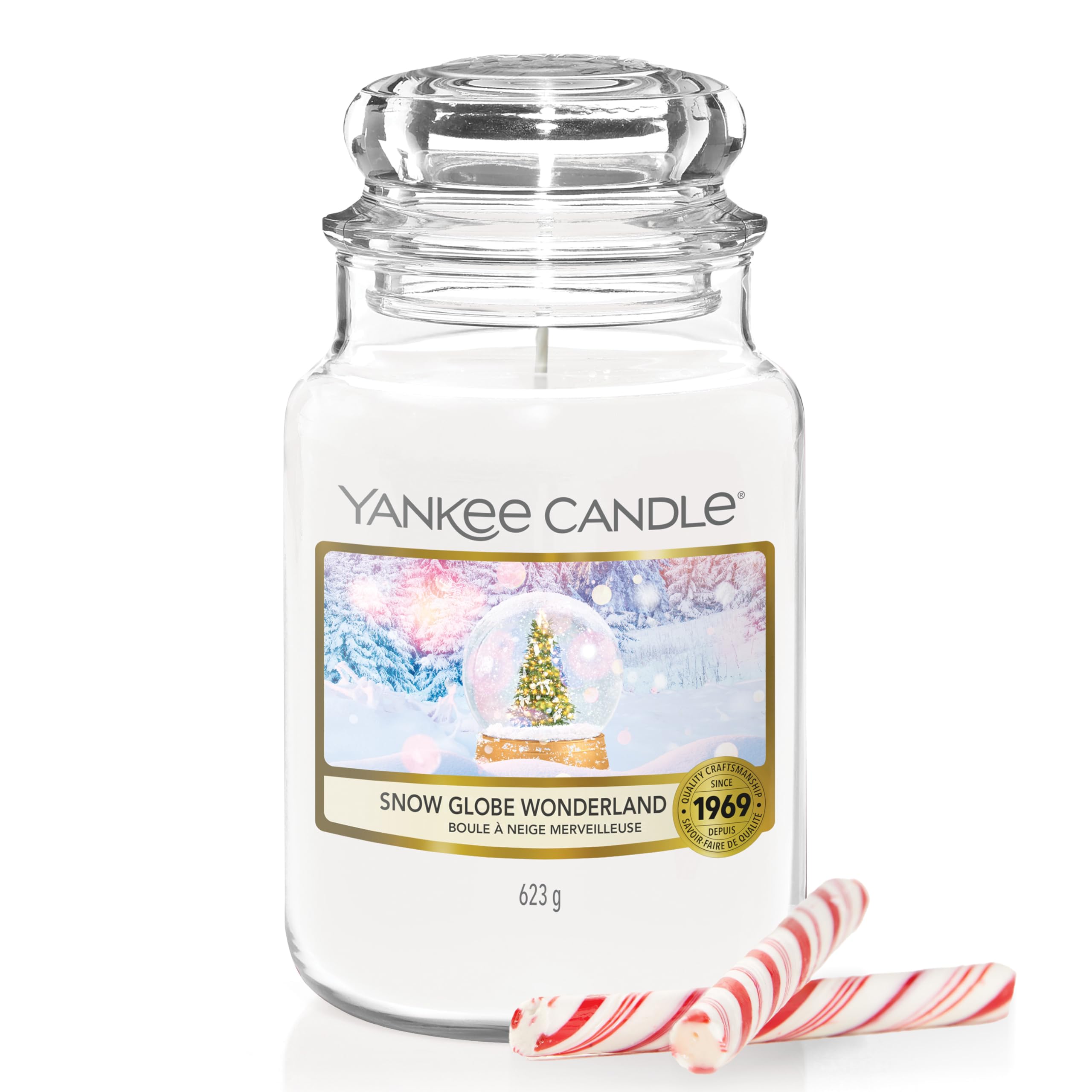 Bougie Yankee Candle Monde neige boule, grand bocal, ouverture pour ambiance hivernale.
