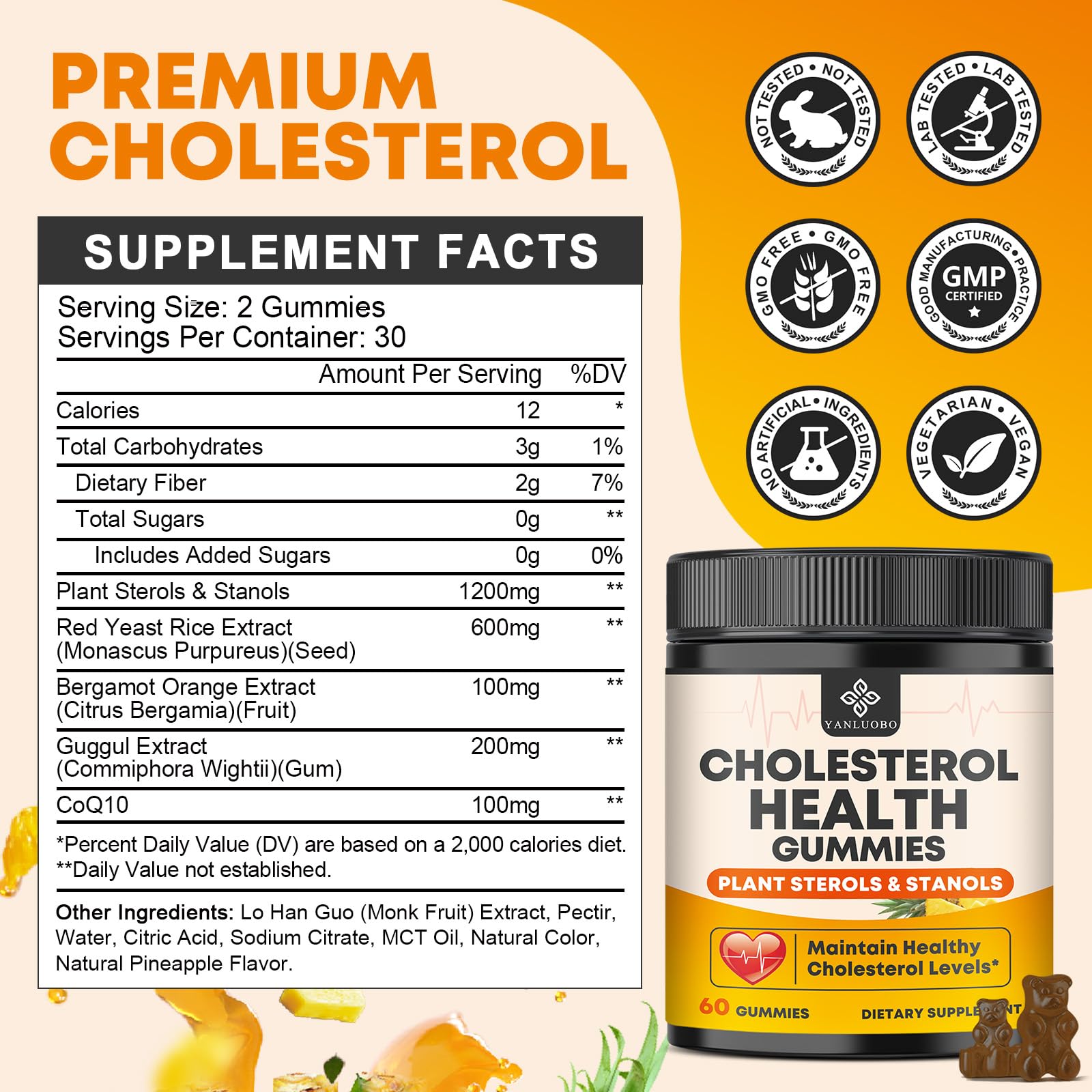 Gommes Yanluobo Cholesterol saveur ananas, emballage 60 unités pour routine équilibrée.