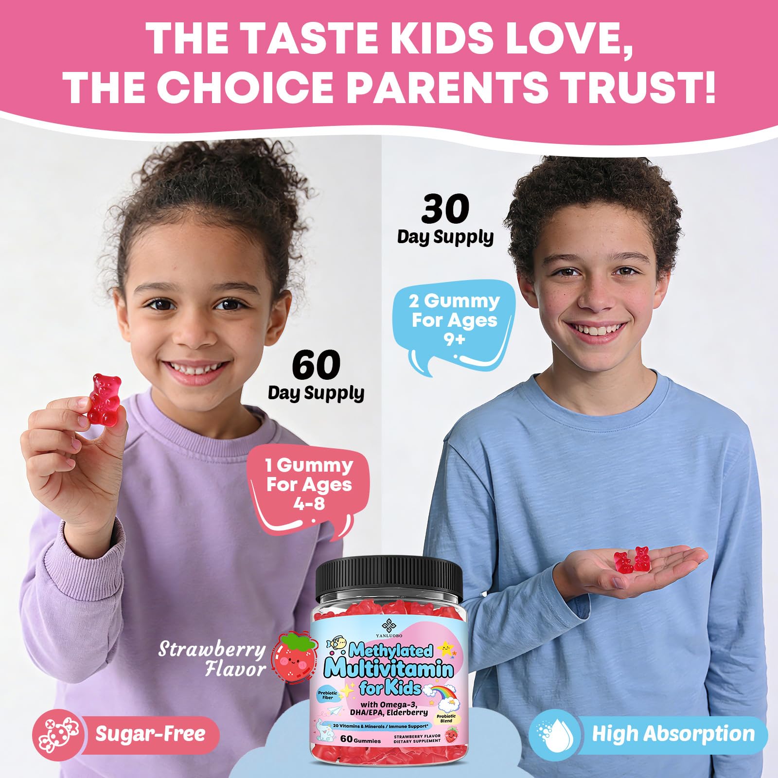 Gommes YANLUOBO goût fraise sans sucre, pour les enfants.