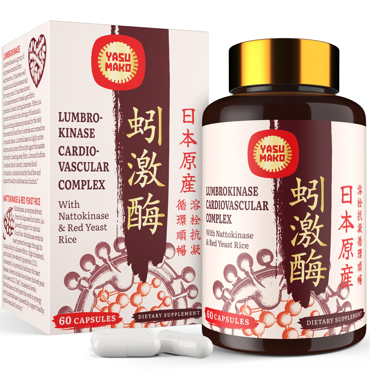 Bouteille Yasumako Lumbrokinase avec étiquette, prêt pour la routine quotidienne.