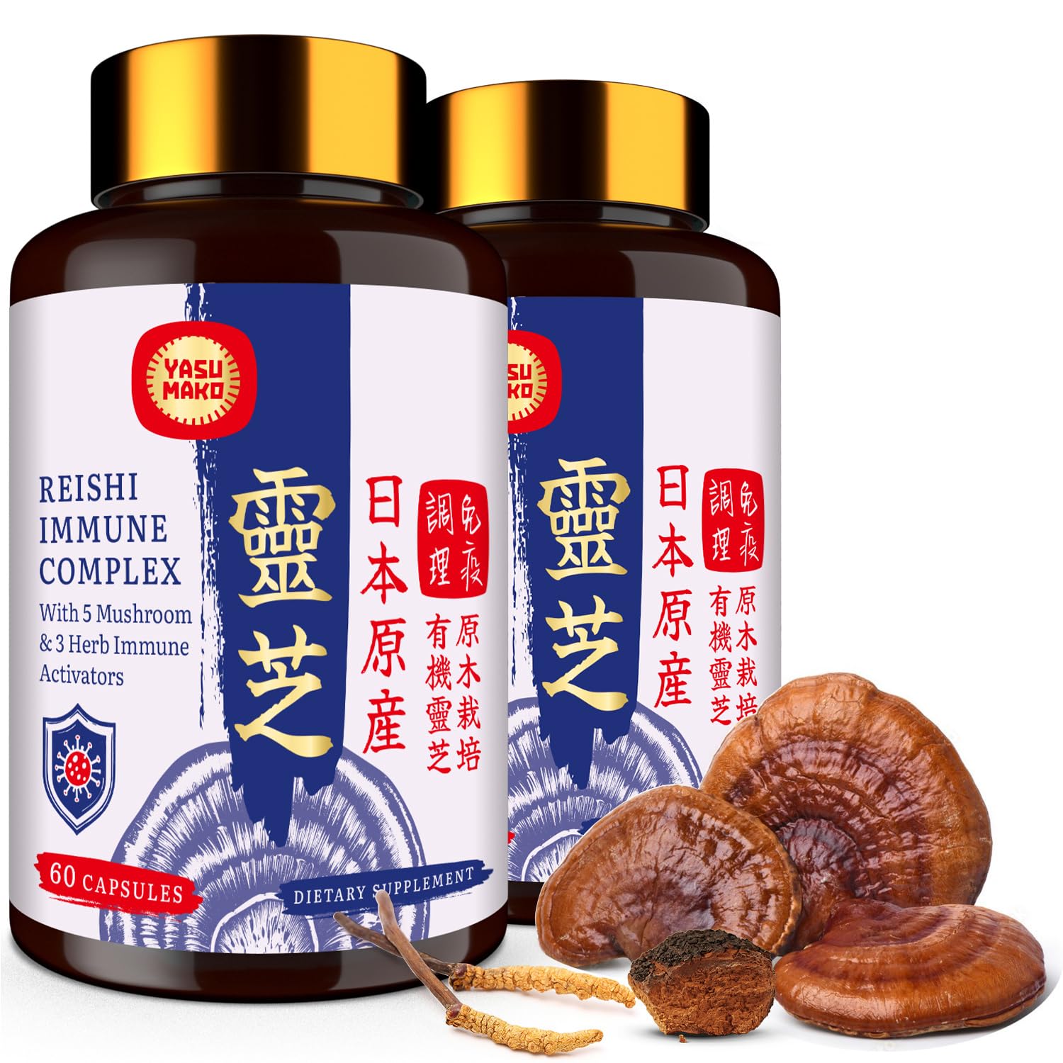Complexe Yasumako Reishi 1500mg en bouteille, soutien potentiel à l'énergie quotidienne.