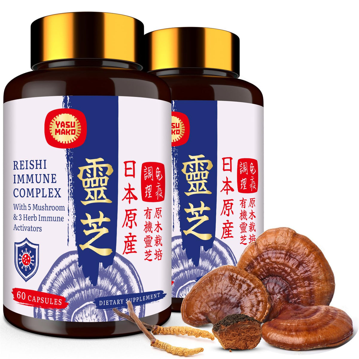 Complexe Yasumako Reishi 1500mg en bouteille, soutien potentiel à l'énergie quotidienne.