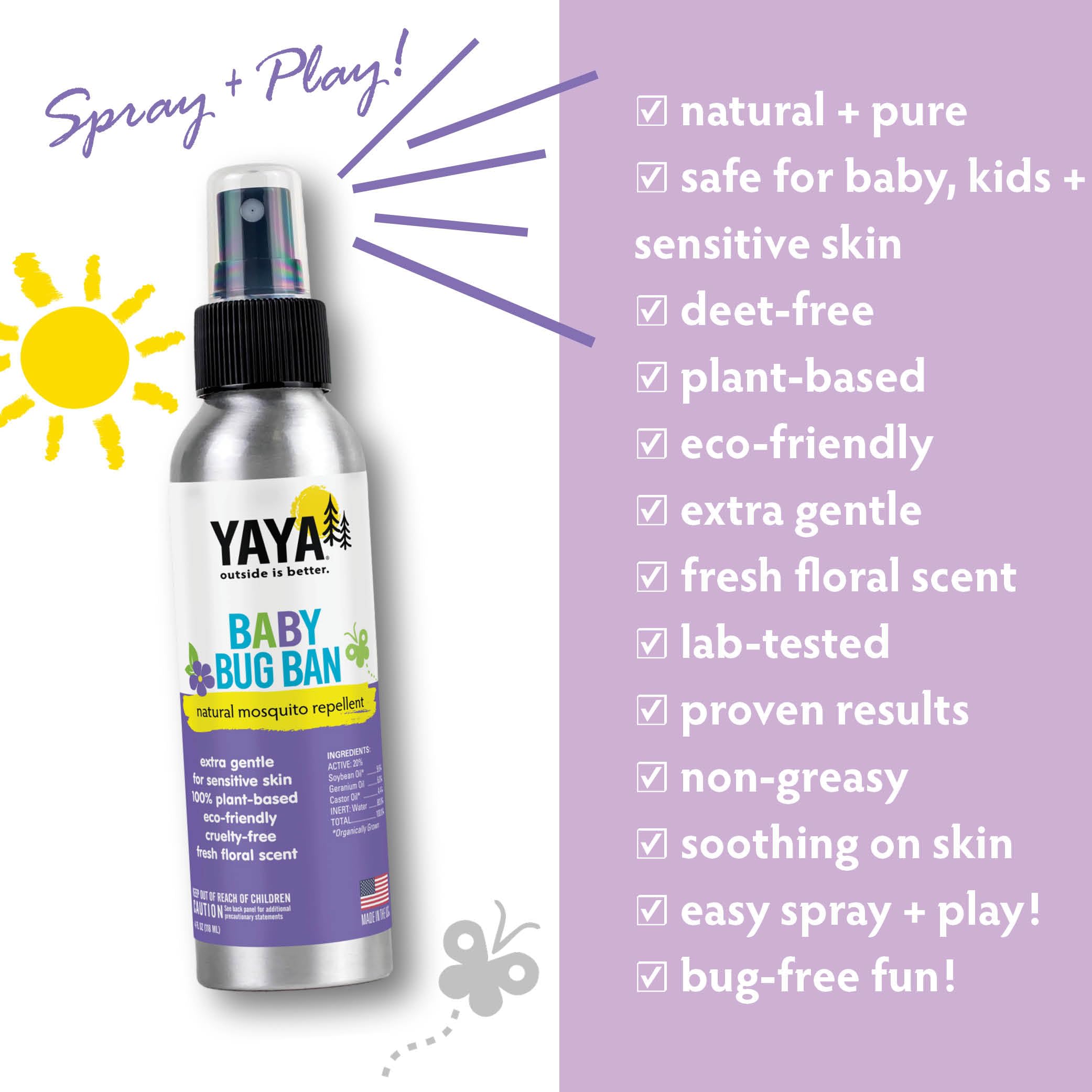 YAYA ORGANICS Baby Bug Ban, application sans aérosol, pratique à utiliser sur bébé.