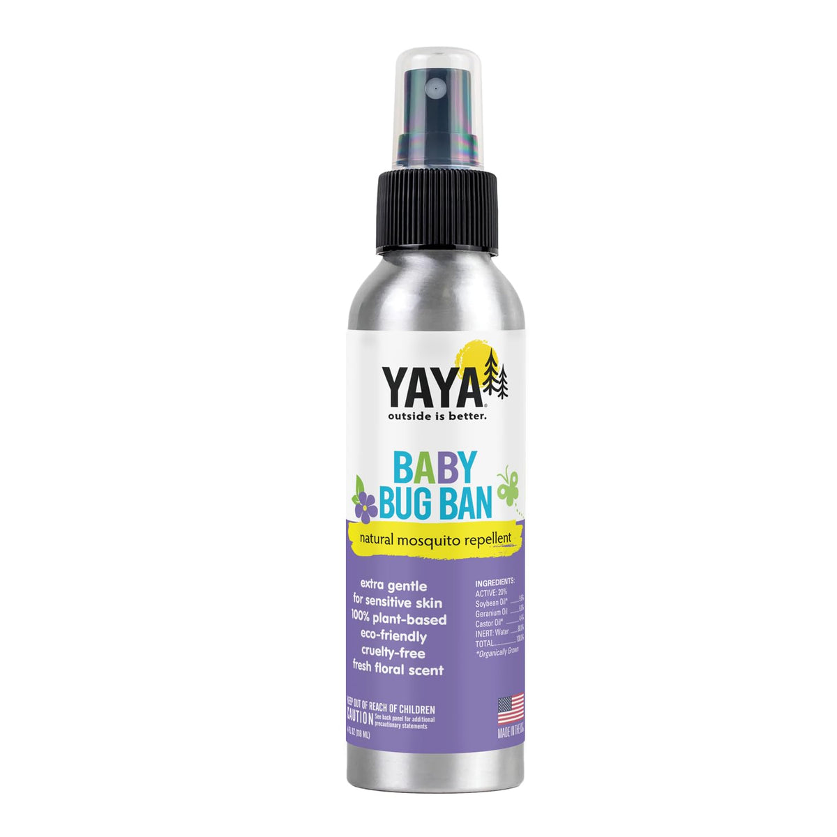 YAYA ORGANICS Baby Bug Ban, bouteille-pompe pratique, protège légèrement bébé contre les moustiques lors des sorties.