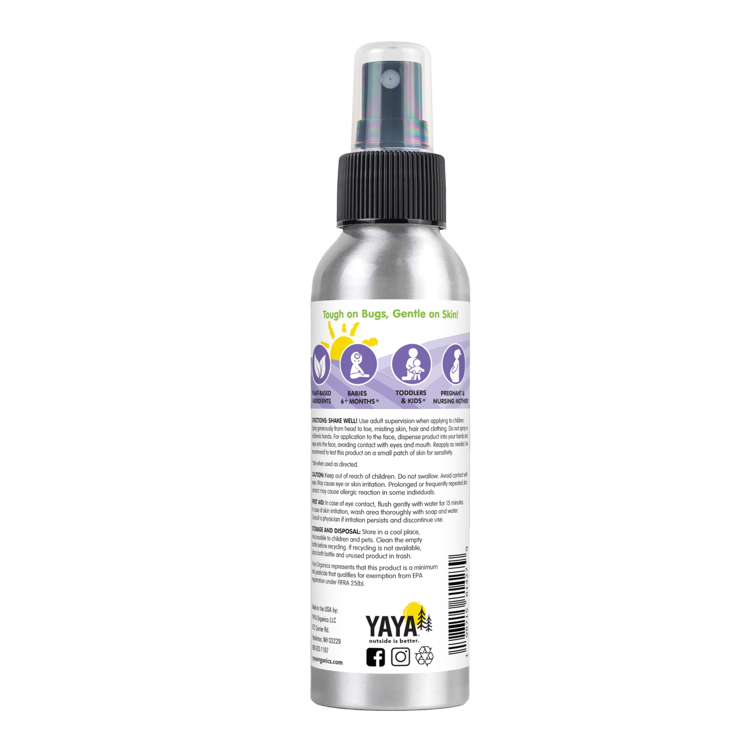 YAYA ORGANICS Baby Bug Ban, huiles naturelles geranium et castor, protection douce pour peau sensible.