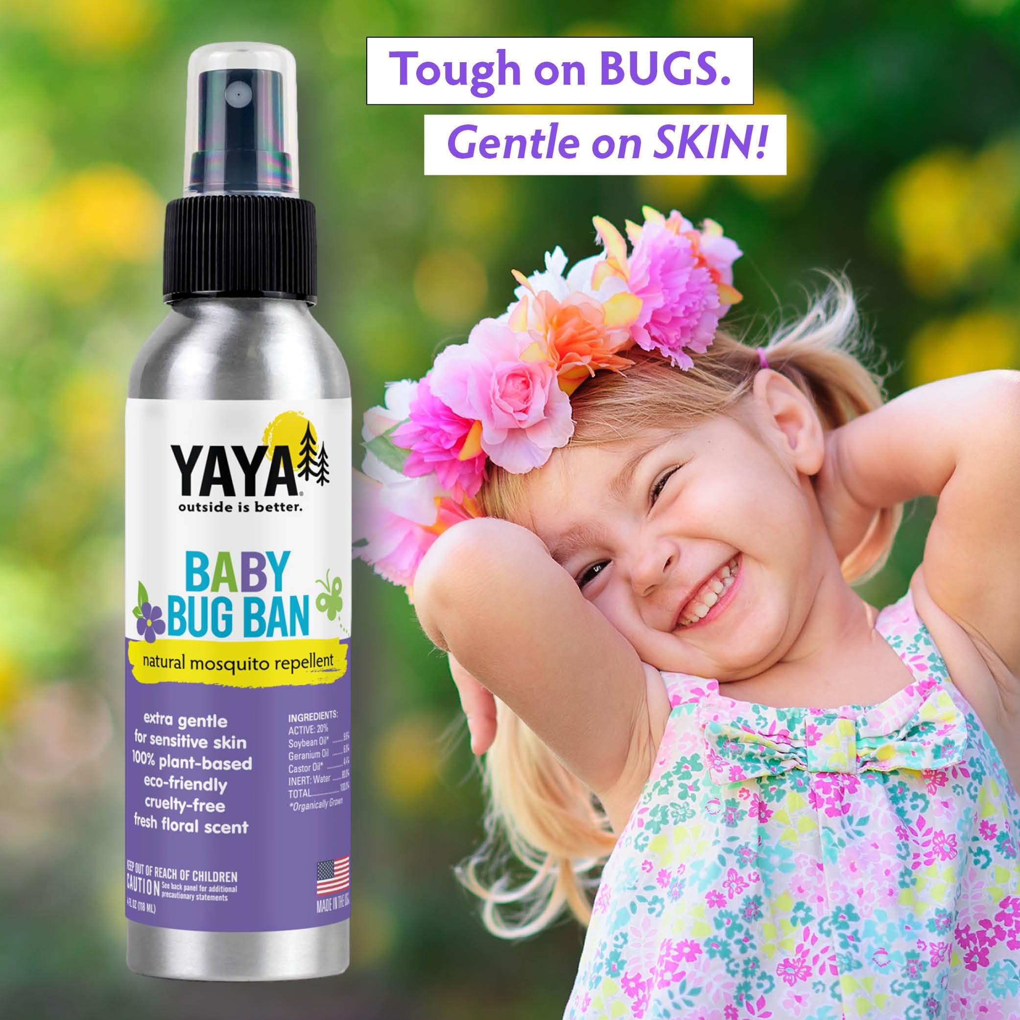 Idéal pour voyages et randonnées, YAYA ORGANICS Baby Bug Ban protège sans produits chimiques.