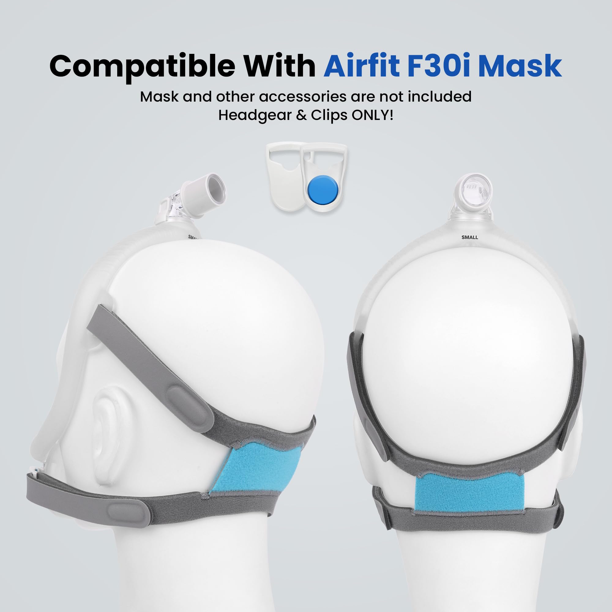YBWM AirFit F30i headgear avec clips, montage rapide et tenue sécurisée.