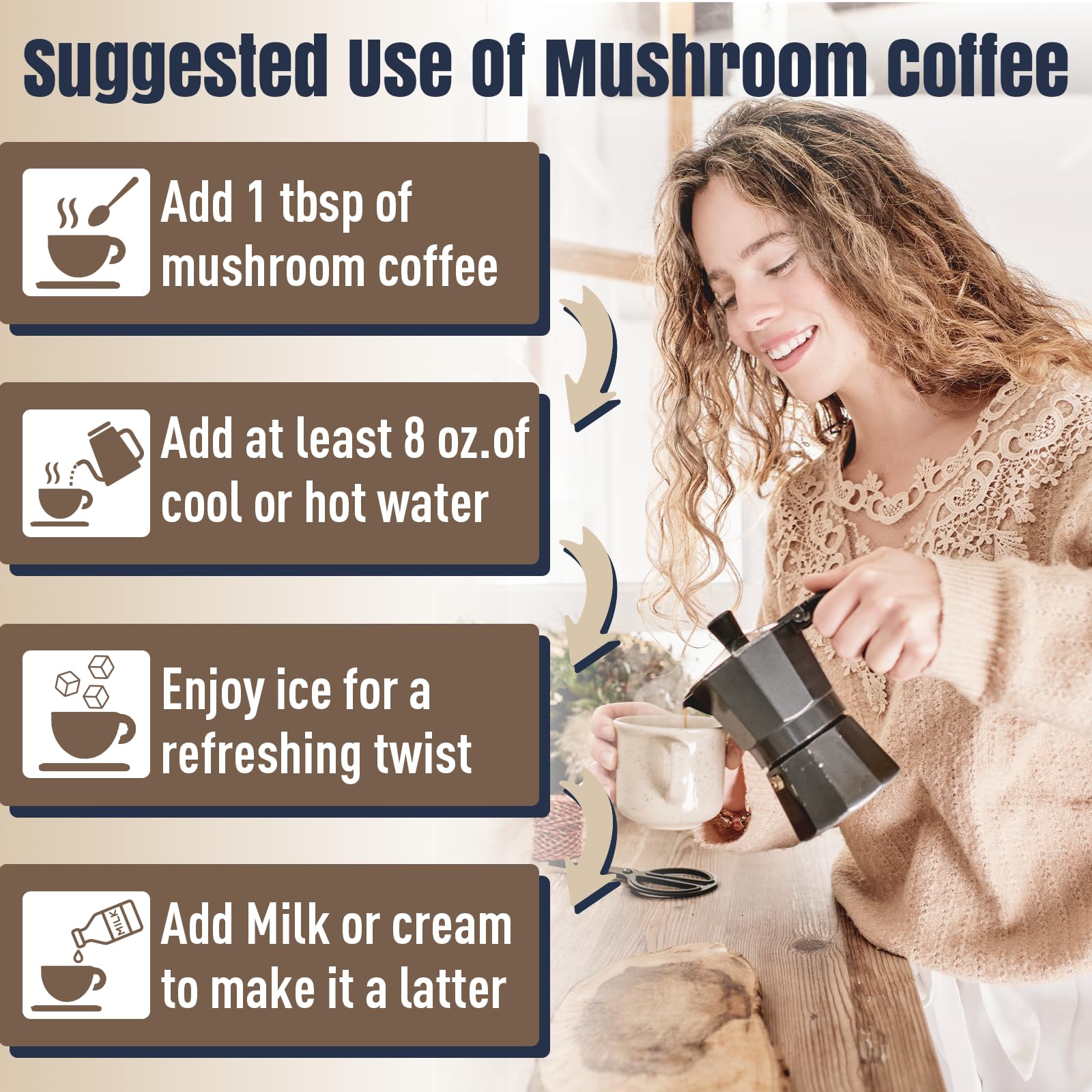 YEKBYOE café champignons latte et smoothie, goût équilibré et pratique.