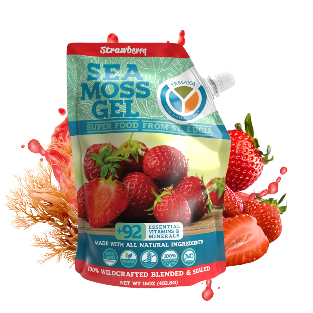 Yemaya Gel Algue de Mer Fraise, bouteille prête à déguster et énergie naturelle.
