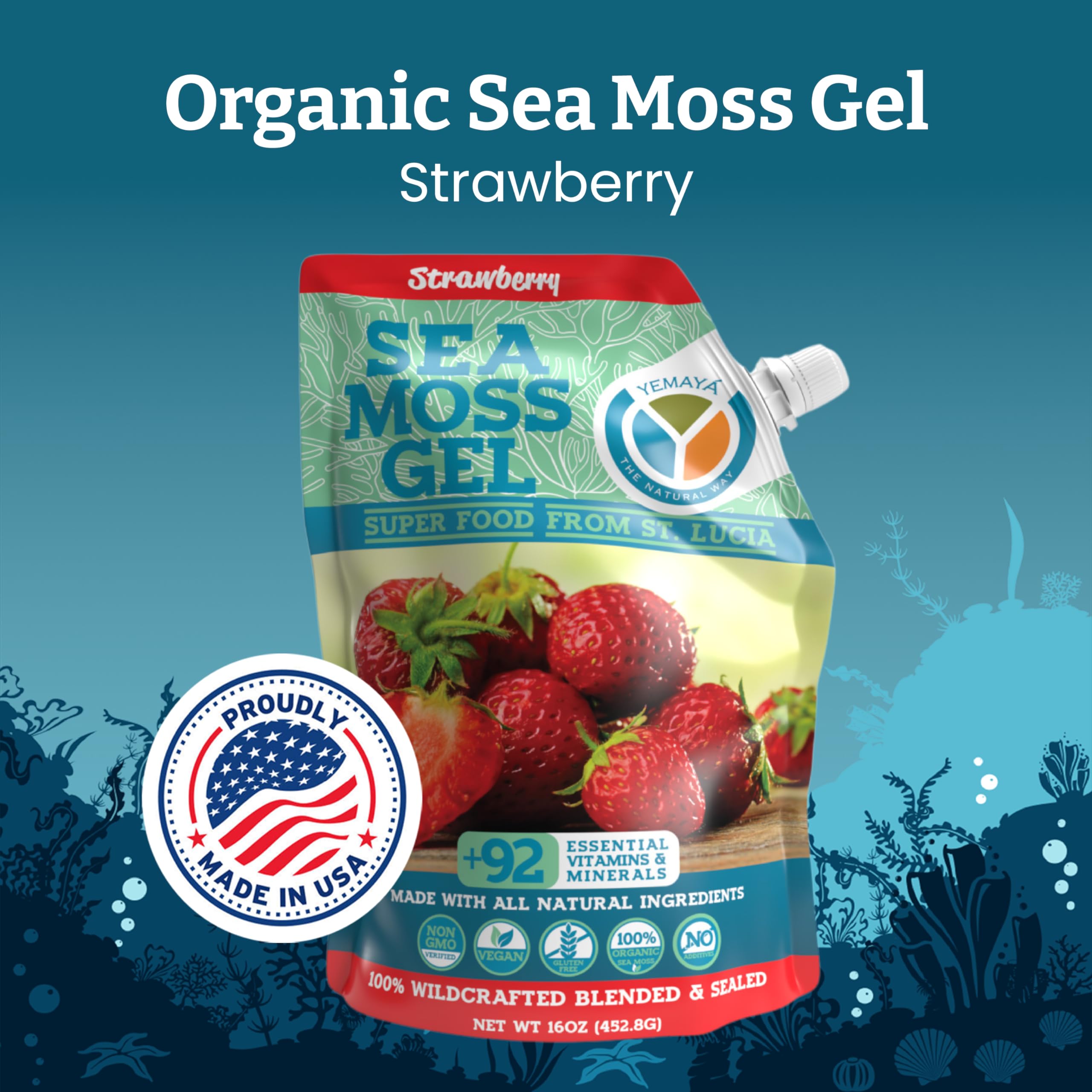 Yemaya Gel Algue de Mer Fraise, flacon en action pour une utilisation pratique.