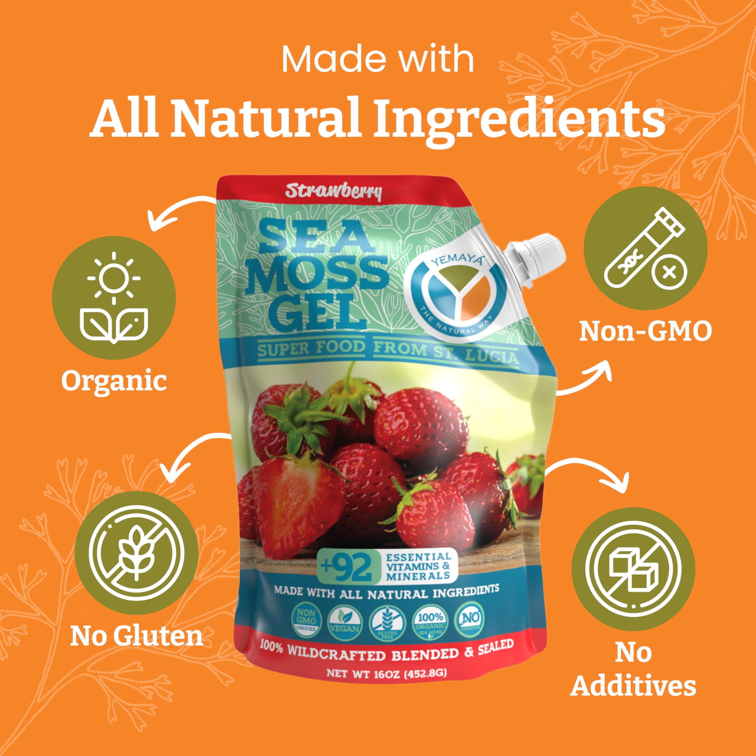 Yemaya Gel Algue de Mer Fraise, gros plan sur les fruits et la couleur naturelle.