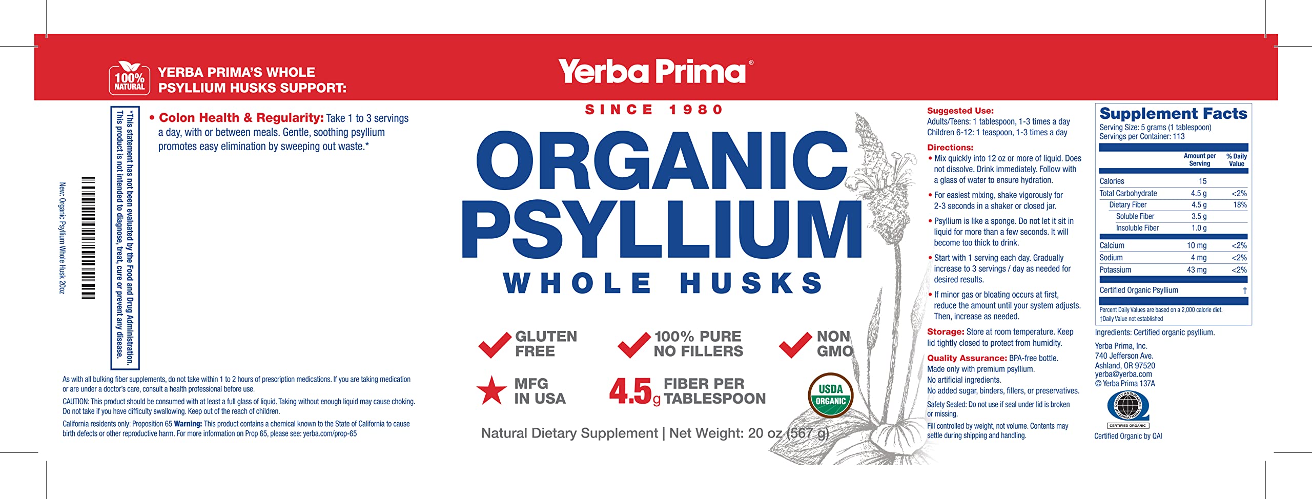 Certifications USDA et QAI sur le psyllium Yerba Prima