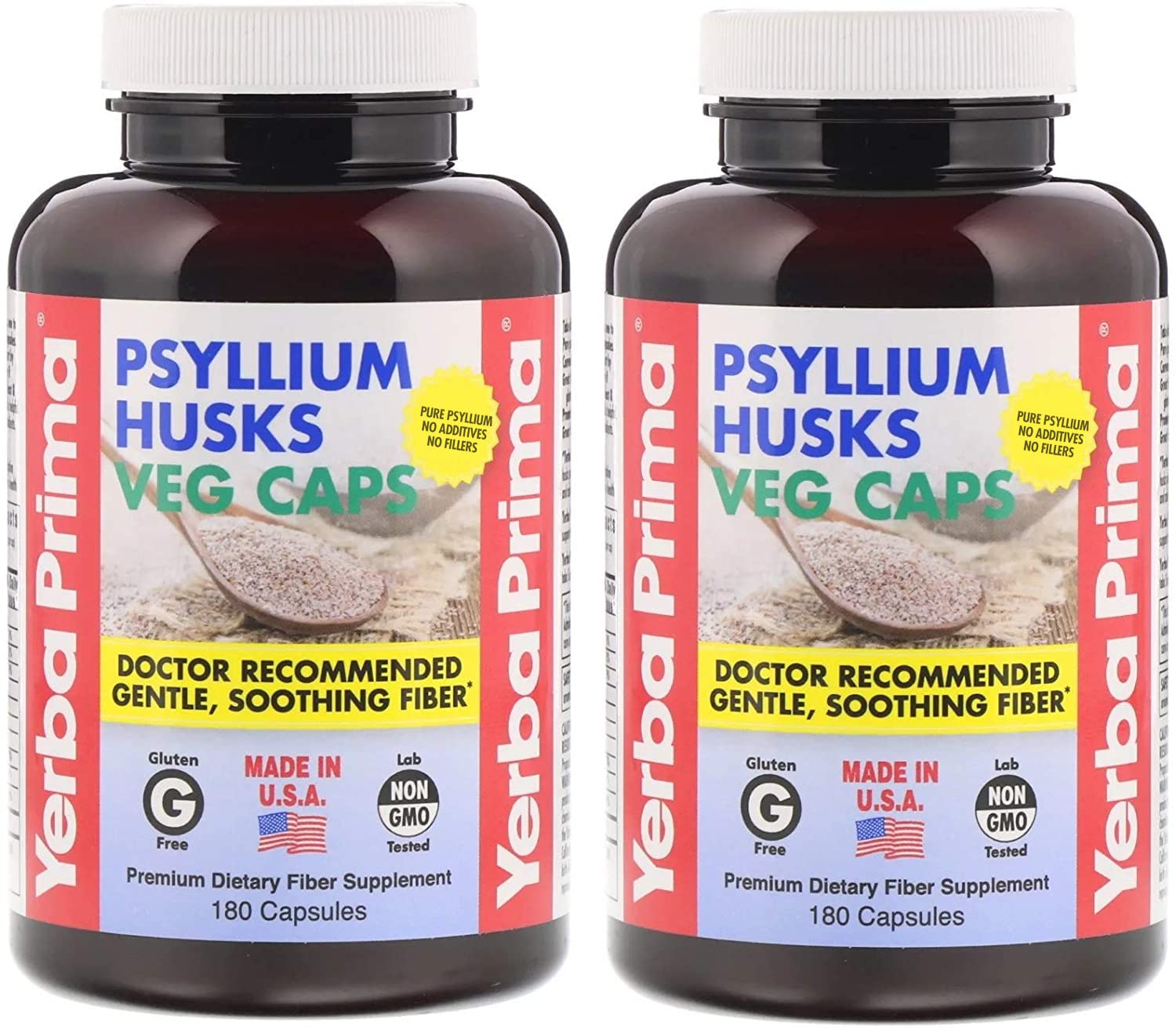 Gélules psyllium Yerba Prima dans le flacon, soutien potentiel à la régularité.