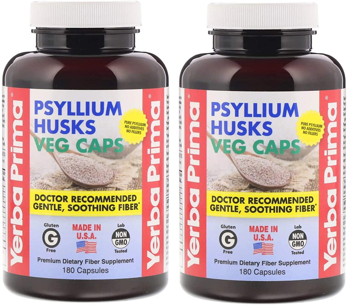 Gélules psyllium Yerba Prima dans le flacon, soutien potentiel à la régularité.