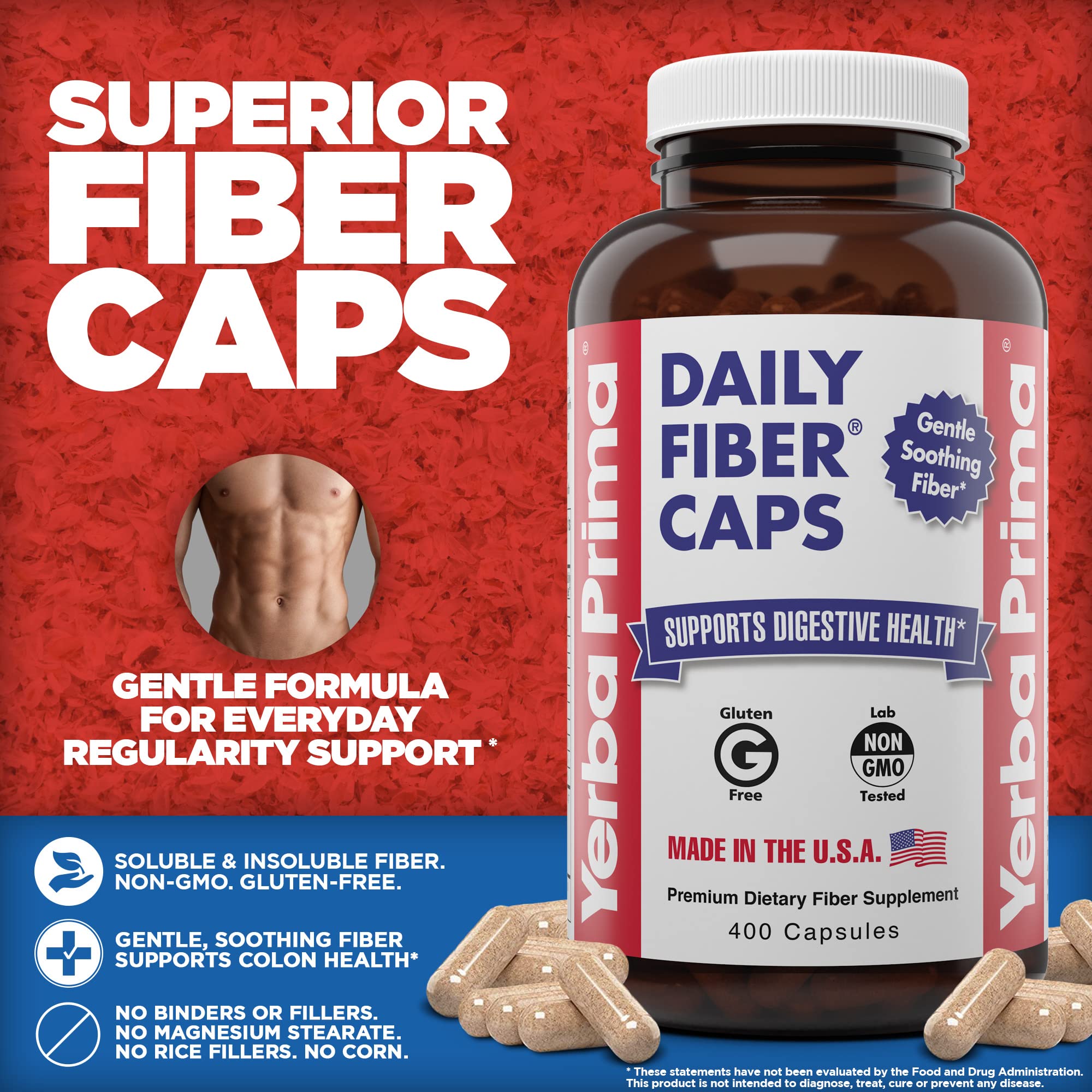 Yerba Prima Daily Fiber Caps: etiquette lisible, présentation des fibres variées