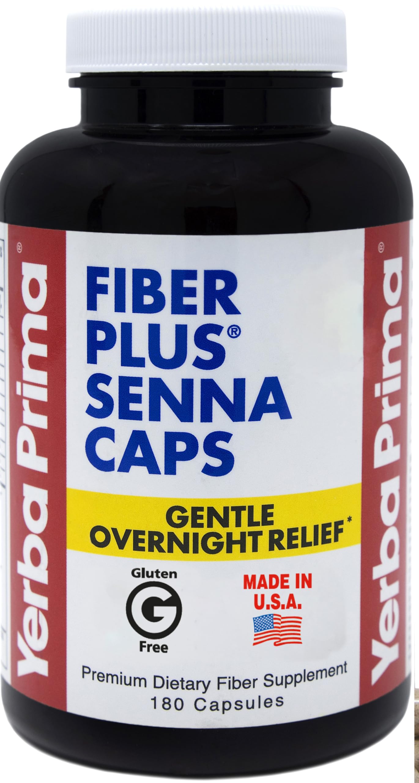 Yerba Prima Fiber Plus Senna capsules - bouteille, soutien potentiel à la régularité nocturne.