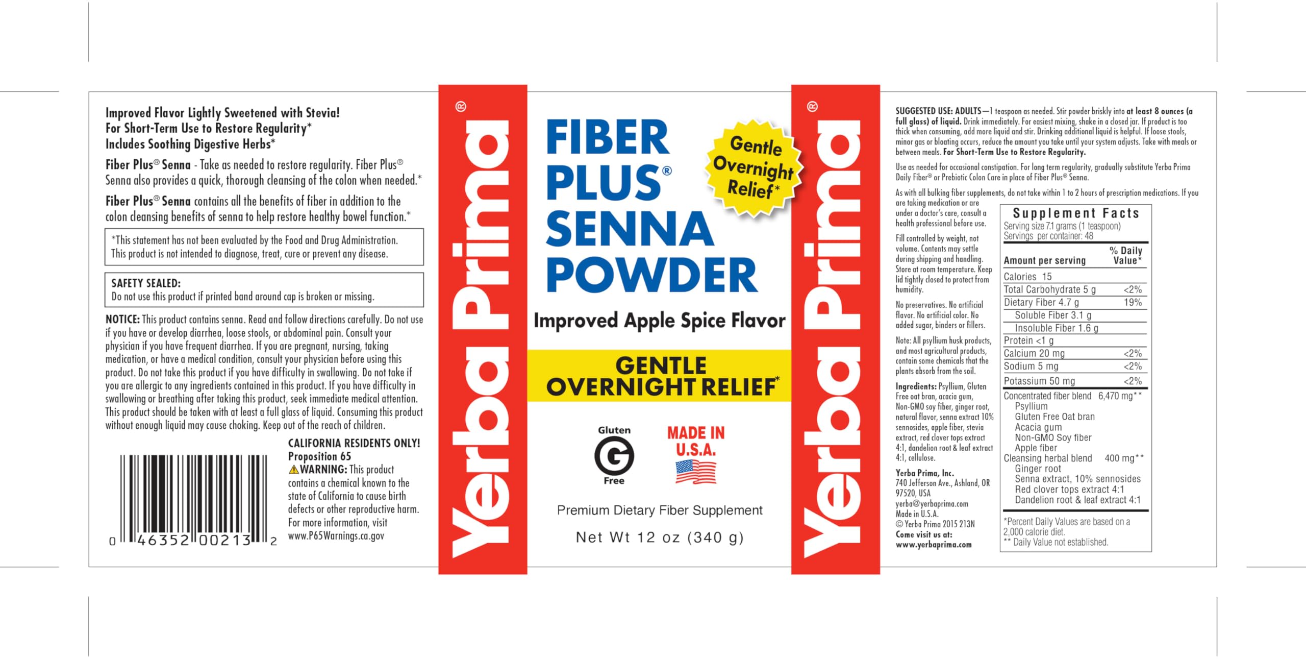 Yerba Prima Fiber Plus Senna Poudre, doseur visible, facilite le dosage et l'hydratation.