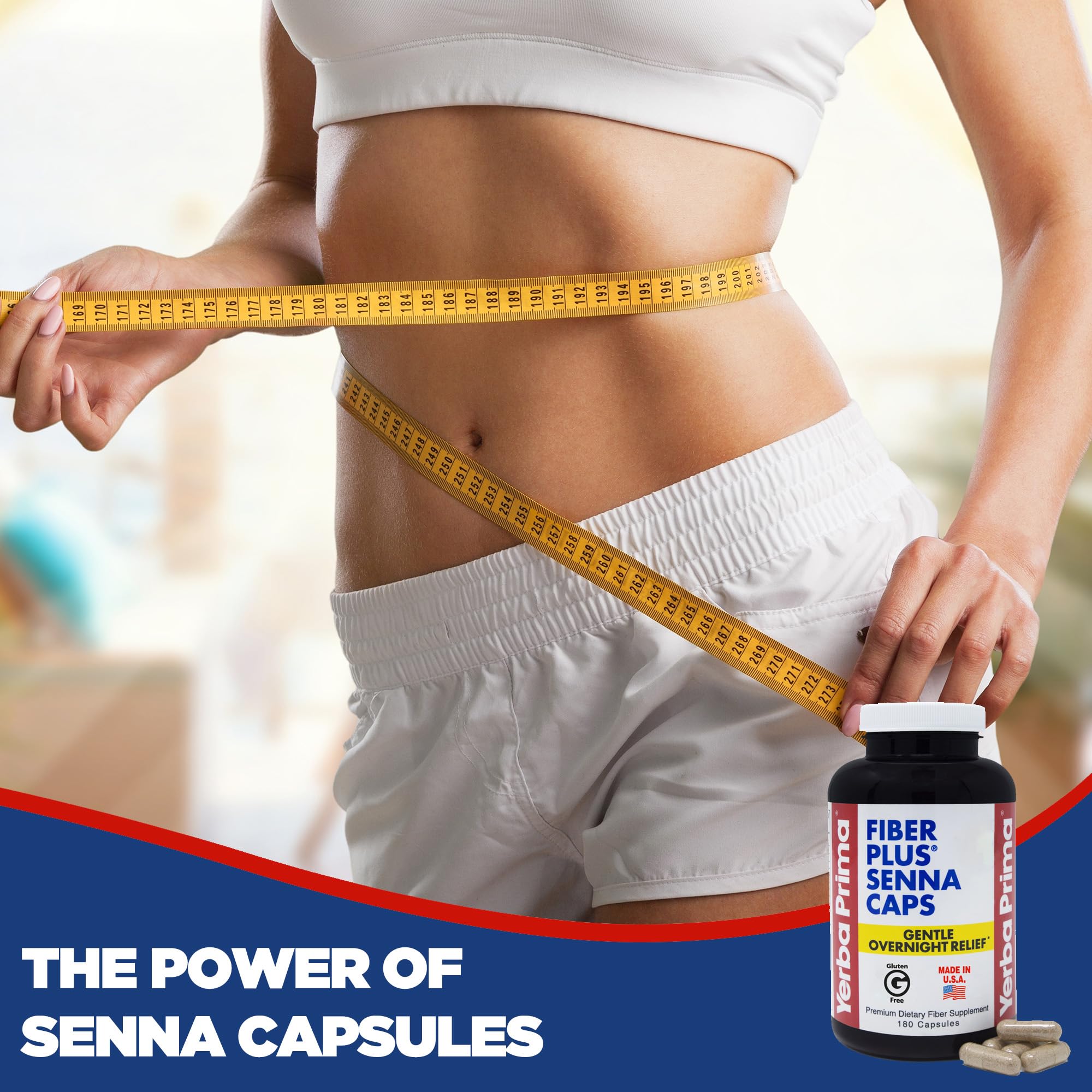 Capsules Yerba Prima Fiber Plus Senna, bouteille visible, soutien digestif doux nocturne.