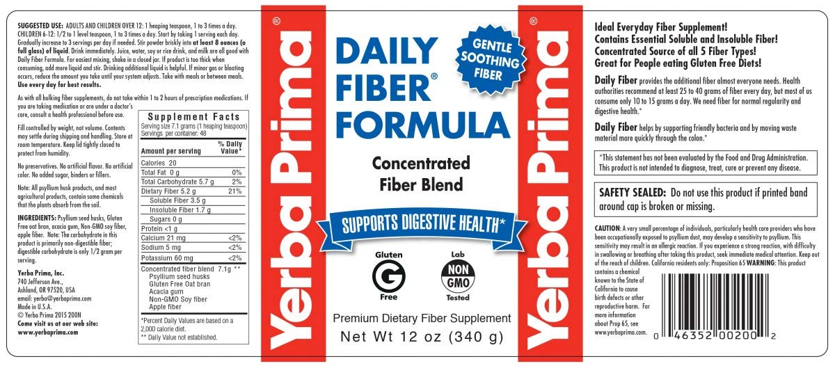 Bouteille Yerba Prima lot 3, formule de fibres pratique pour usage quotidien.