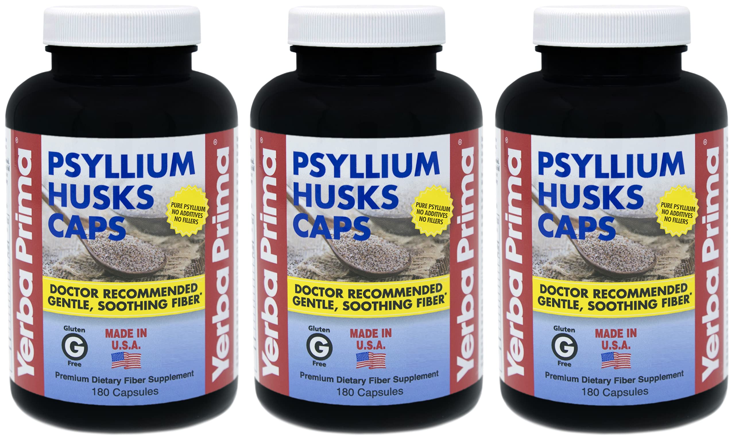 Yerba Prima Psyllium Caps, bouteille avant, soutien potentiel à la régularité intestinale.