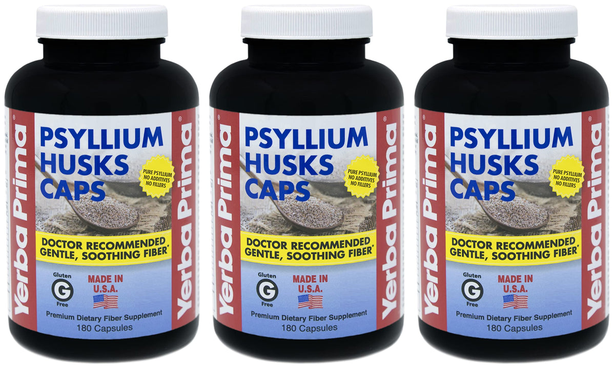 Yerba Prima Psyllium Caps, bouteille avant, soutien potentiel à la régularité intestinale.