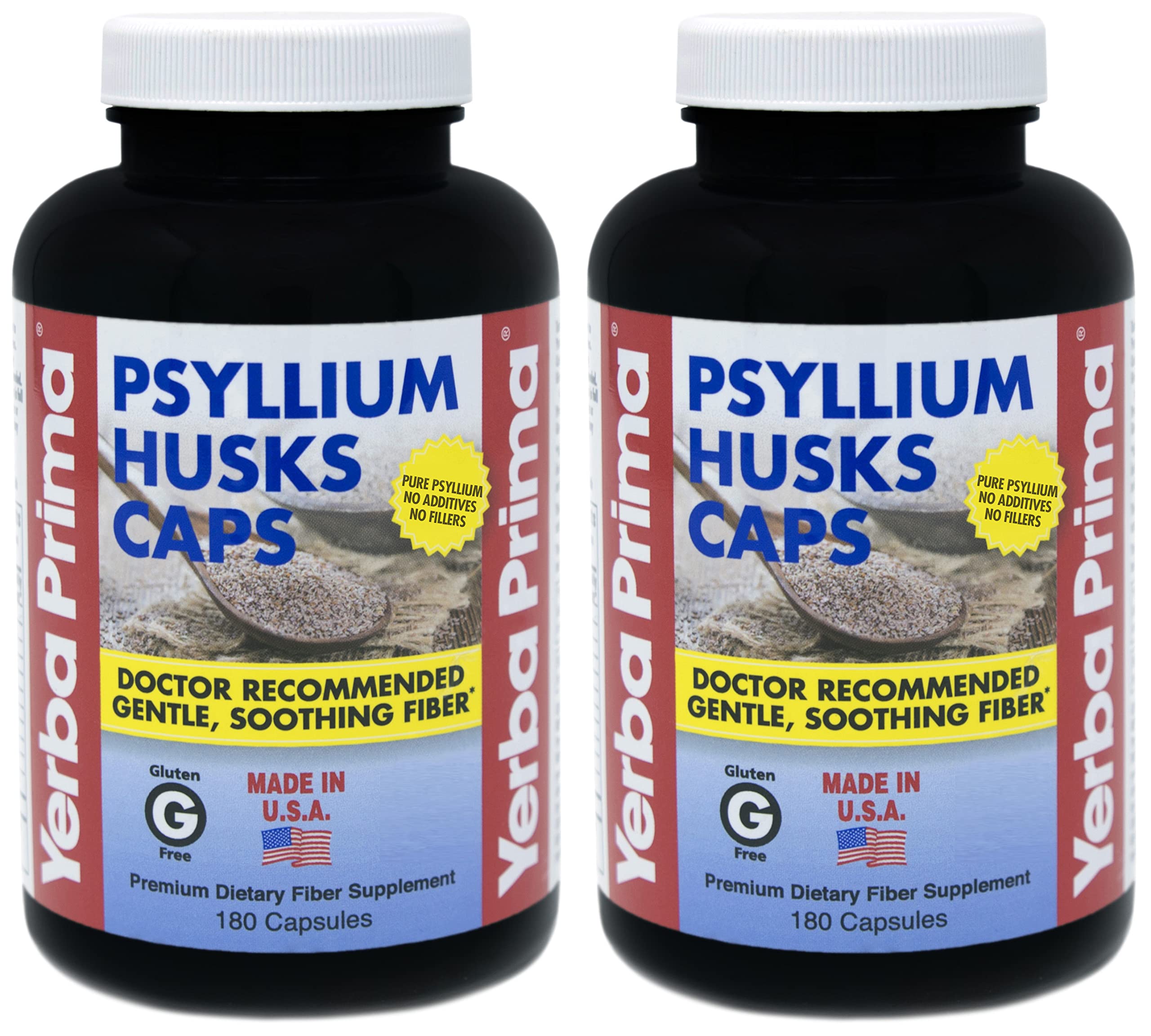 Gélules psyllium Yerba Prima dans une bouteille, soutien quotidien du transit.