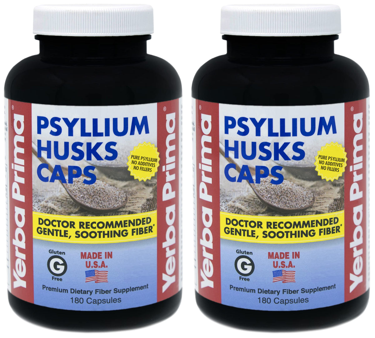 Gélules psyllium Yerba Prima dans une bouteille, soutien quotidien du transit.