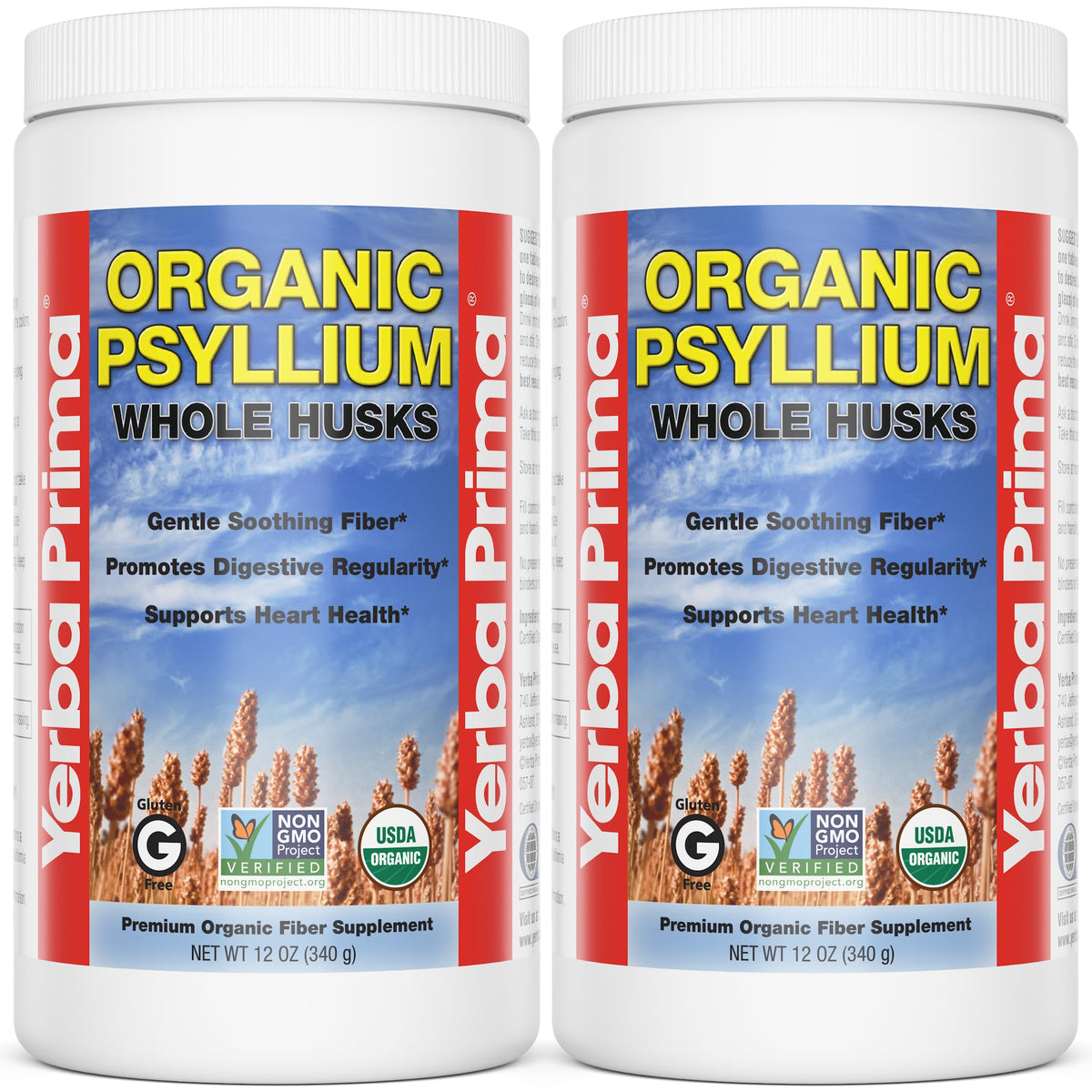 Yerba Prima psyllium coques entieres emballage: source naturelle de fibre pour la régularité.
