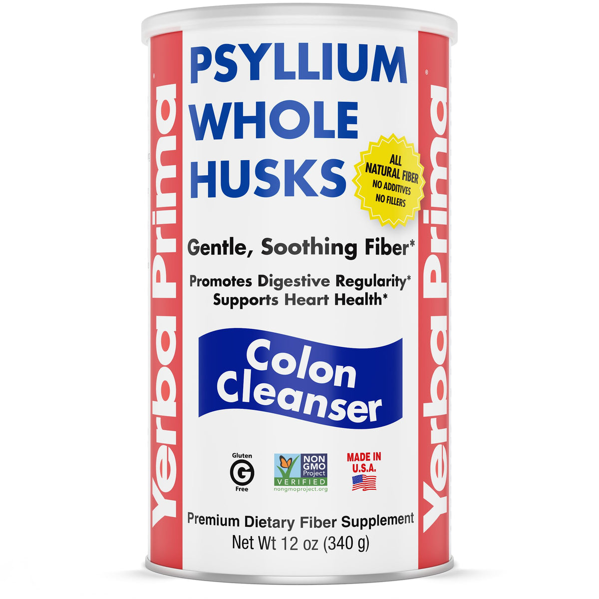 Bouteille Yerba Prima psyllium husk de 340 g, présentation pratique et facile à emporter