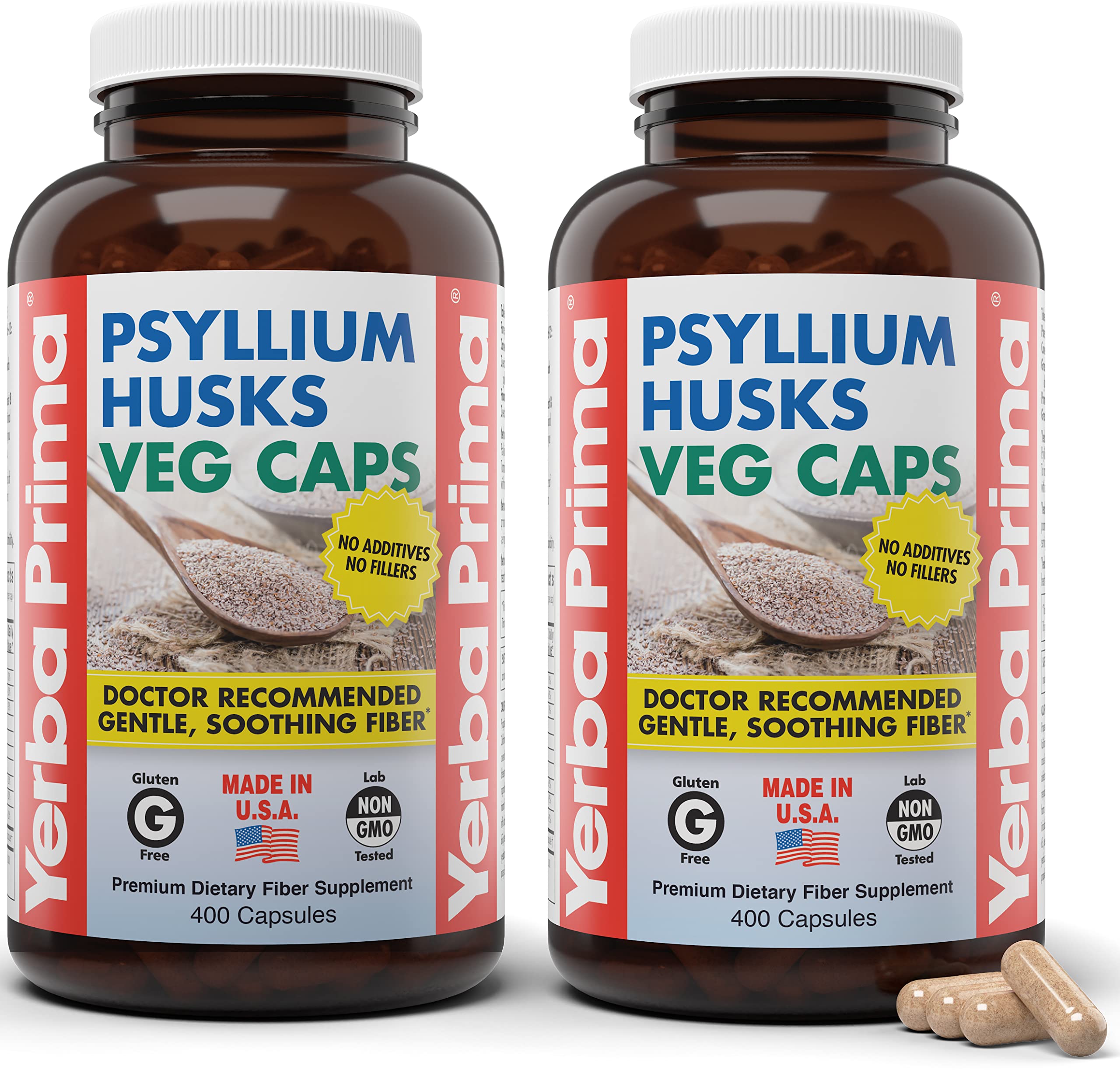 Yerba Prima Psyllium Husk Capsules - emballage visible, soutient la fibre quotidienne.