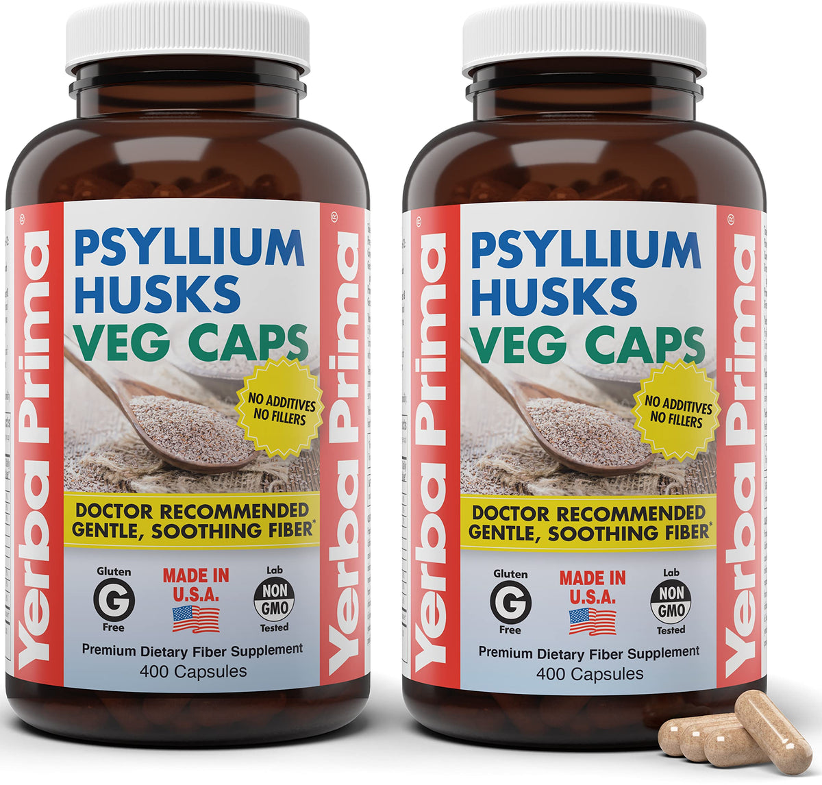 Yerba Prima Psyllium Husk Capsules - emballage visible, soutient la fibre quotidienne.