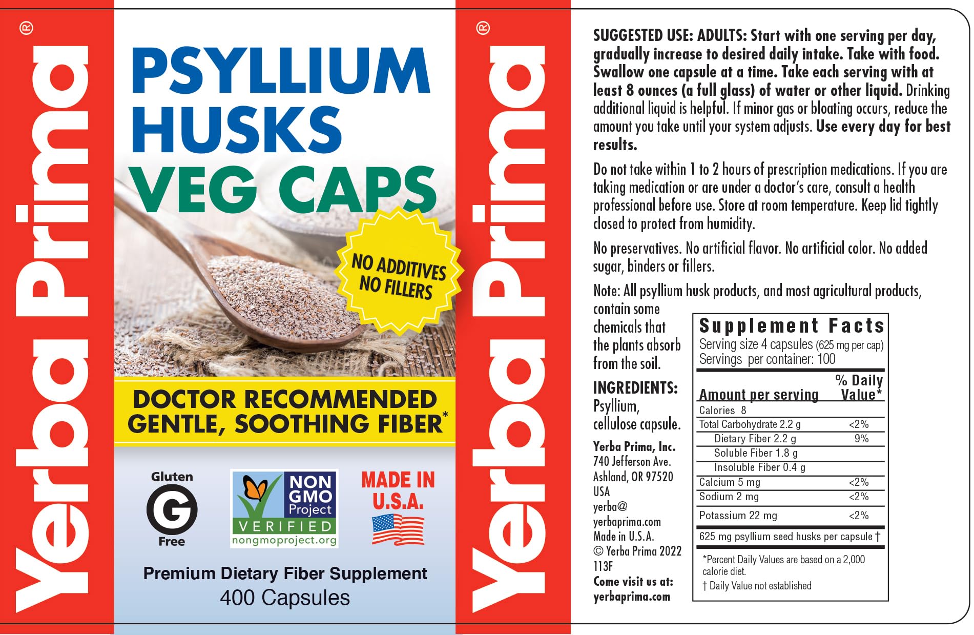 Yerba Prima Psyllium Husk Capsules - sans gluten et sans OGM, qualité premium.