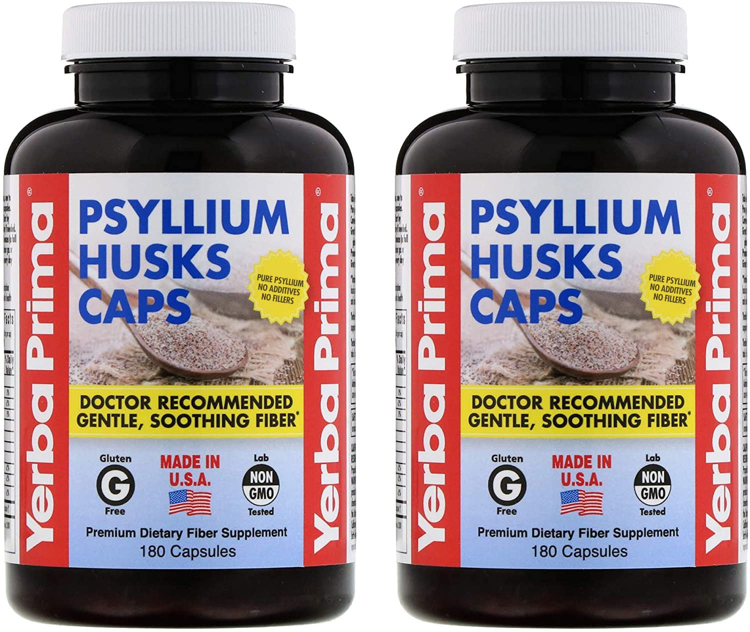 Gélules Yerba Prima Psyllium dans deux bouteilles, fibre naturelle pour soutenir la régularité.