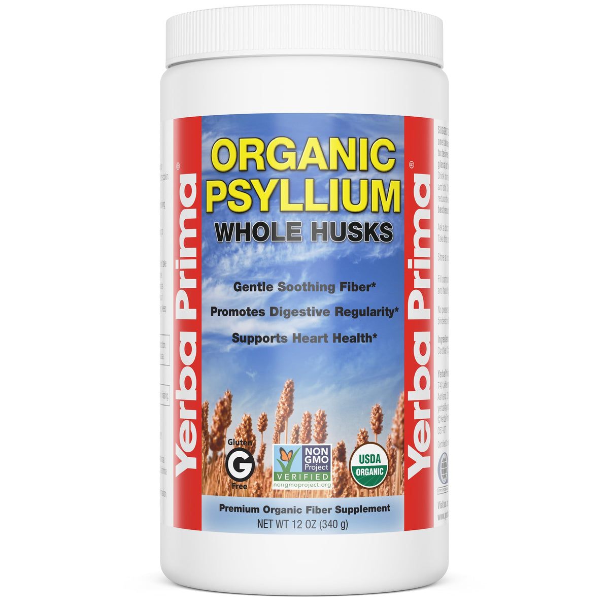 Yerba Prima Psyllium Husks emballage 12oz facilite l'utilisation quotidienne et la régularité.
