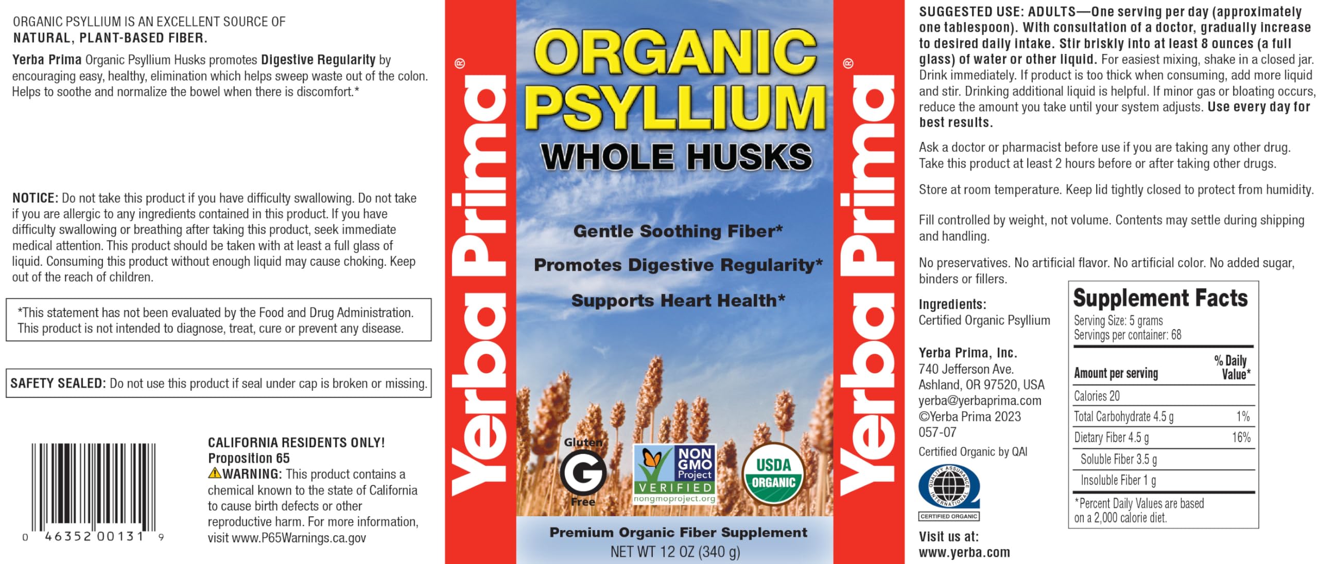 Yerba Prima Psyllium Husks ingrédients sans additifs pour option pure et sans gluten.