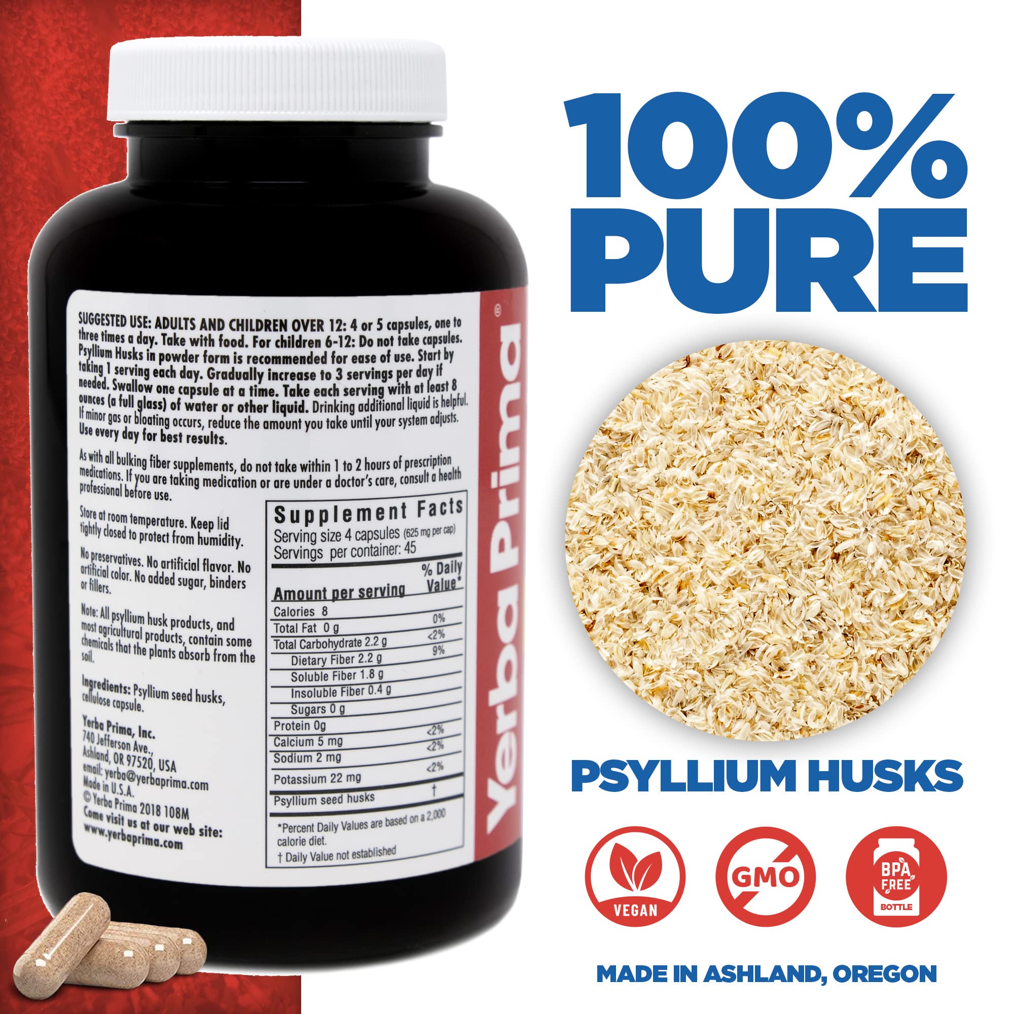 Yerba Prima Psyllium Husks, bouteille de capsules, facile à prendre avec les repas.