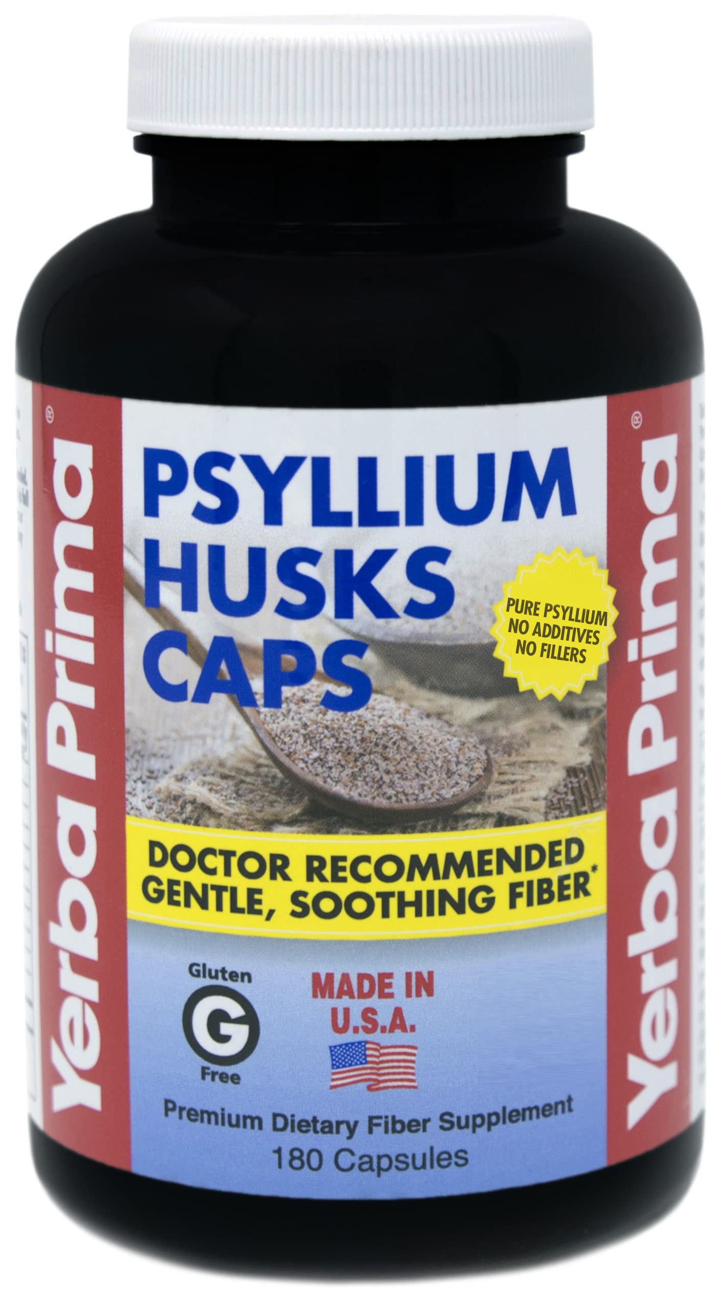Yerba Prima Psyllium Husks Caps – Bouteille avec capsules, soutien possible à la régularité digestive.