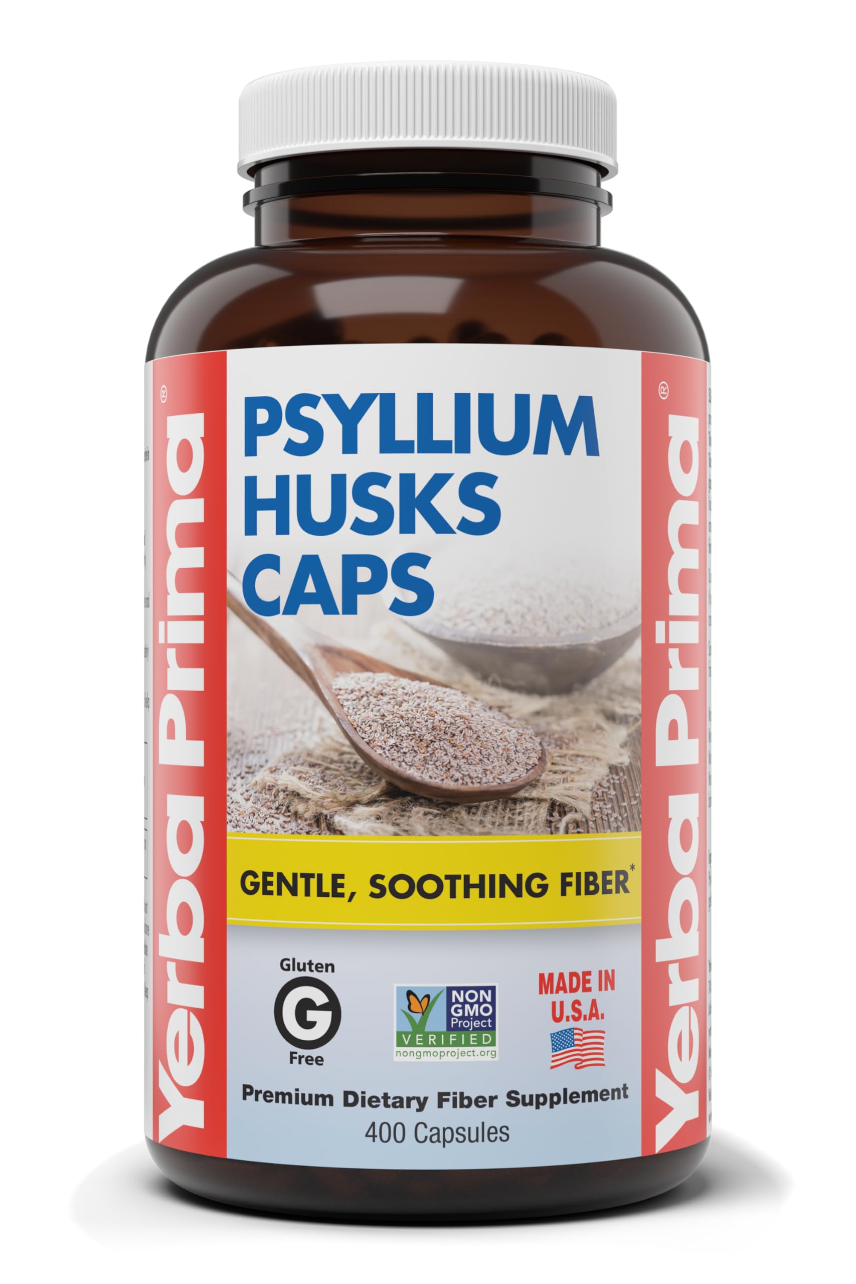 Bouteille Yerba Prima Psyllium Husks Caps, fibre pratique au quotidien.