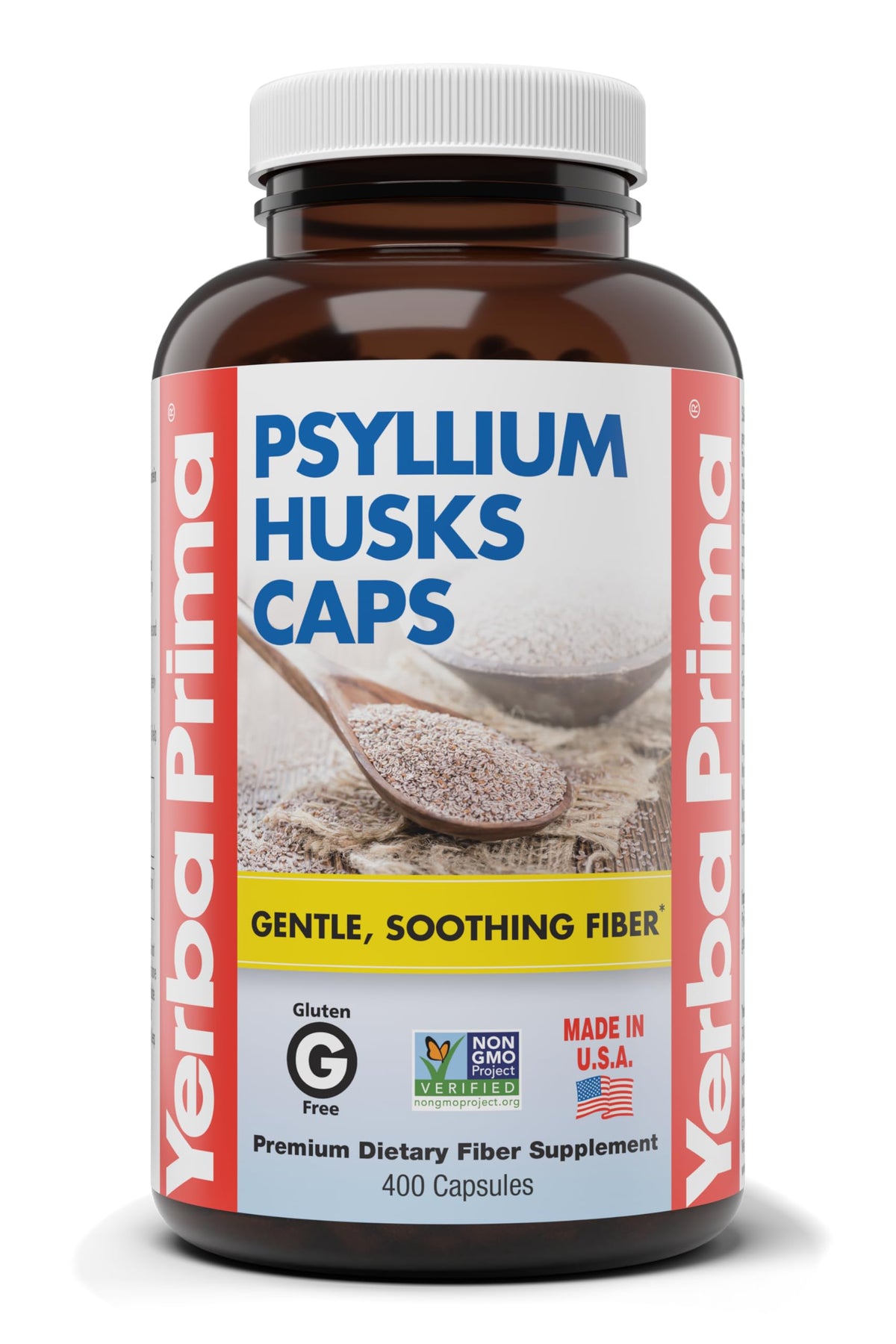 Bouteille Yerba Prima Psyllium Husks Caps, fibre pratique au quotidien.