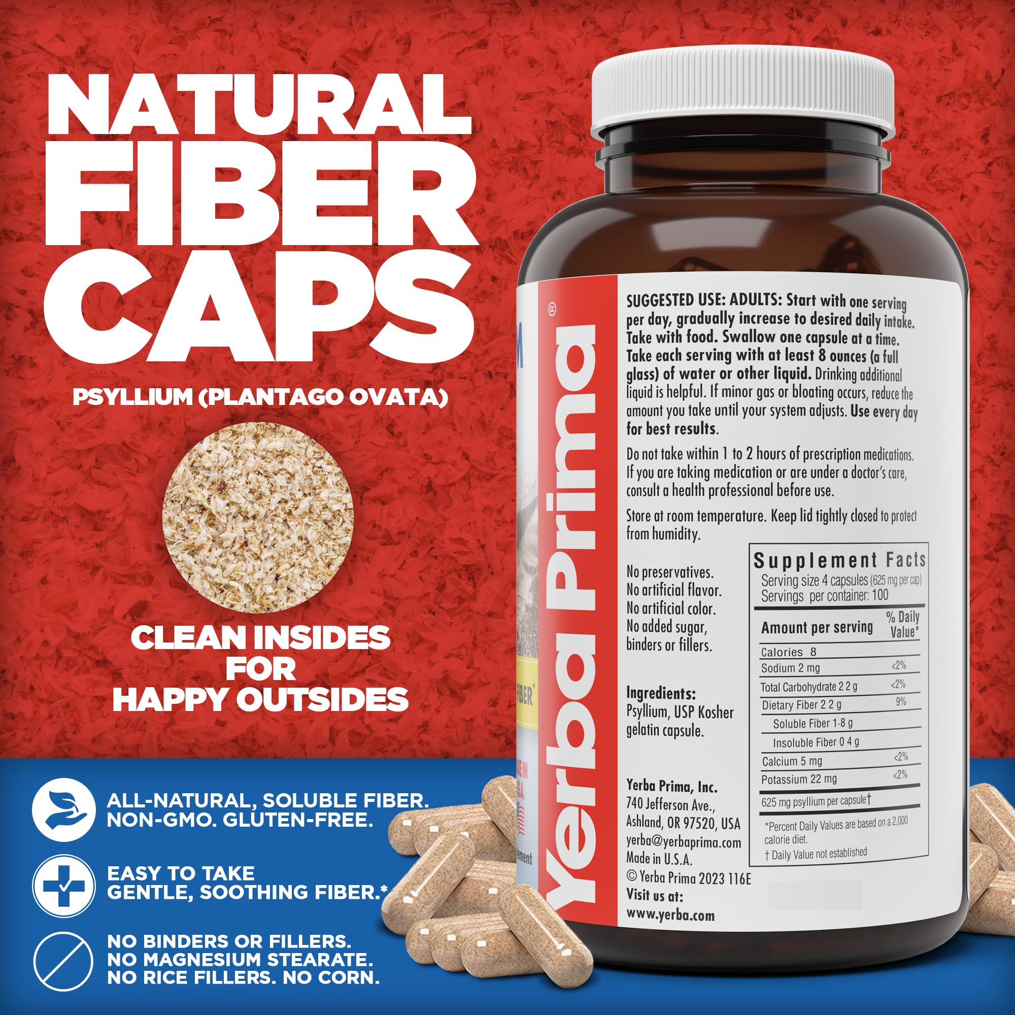 Capsules Yerba Prima Psyllium Husks Caps en main, utilisation quotidienne possible.