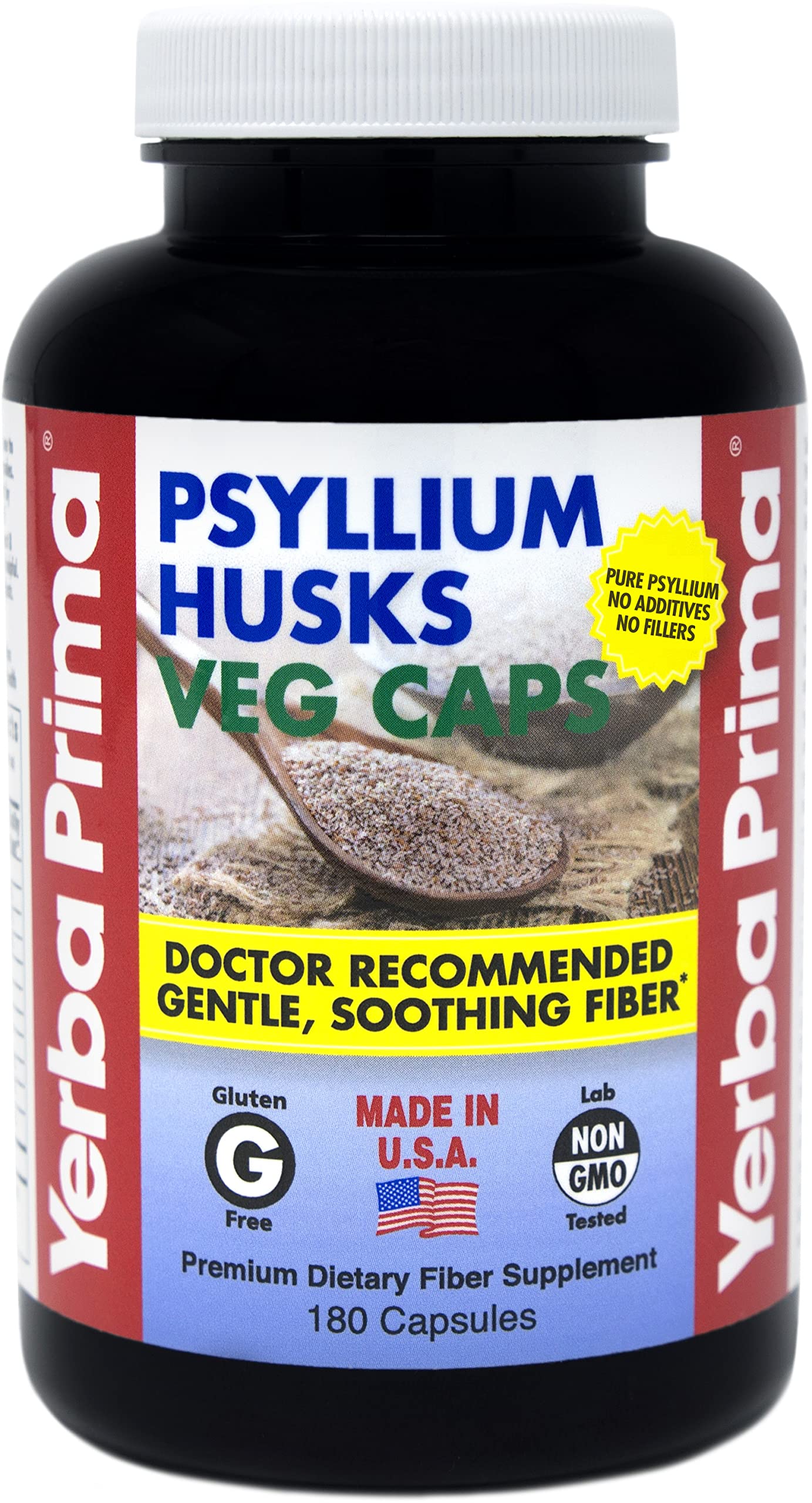 Yerba Prima Psyllium Husks, emballage 180 capsules, pratique pour votre routine de fibre quotidienne.