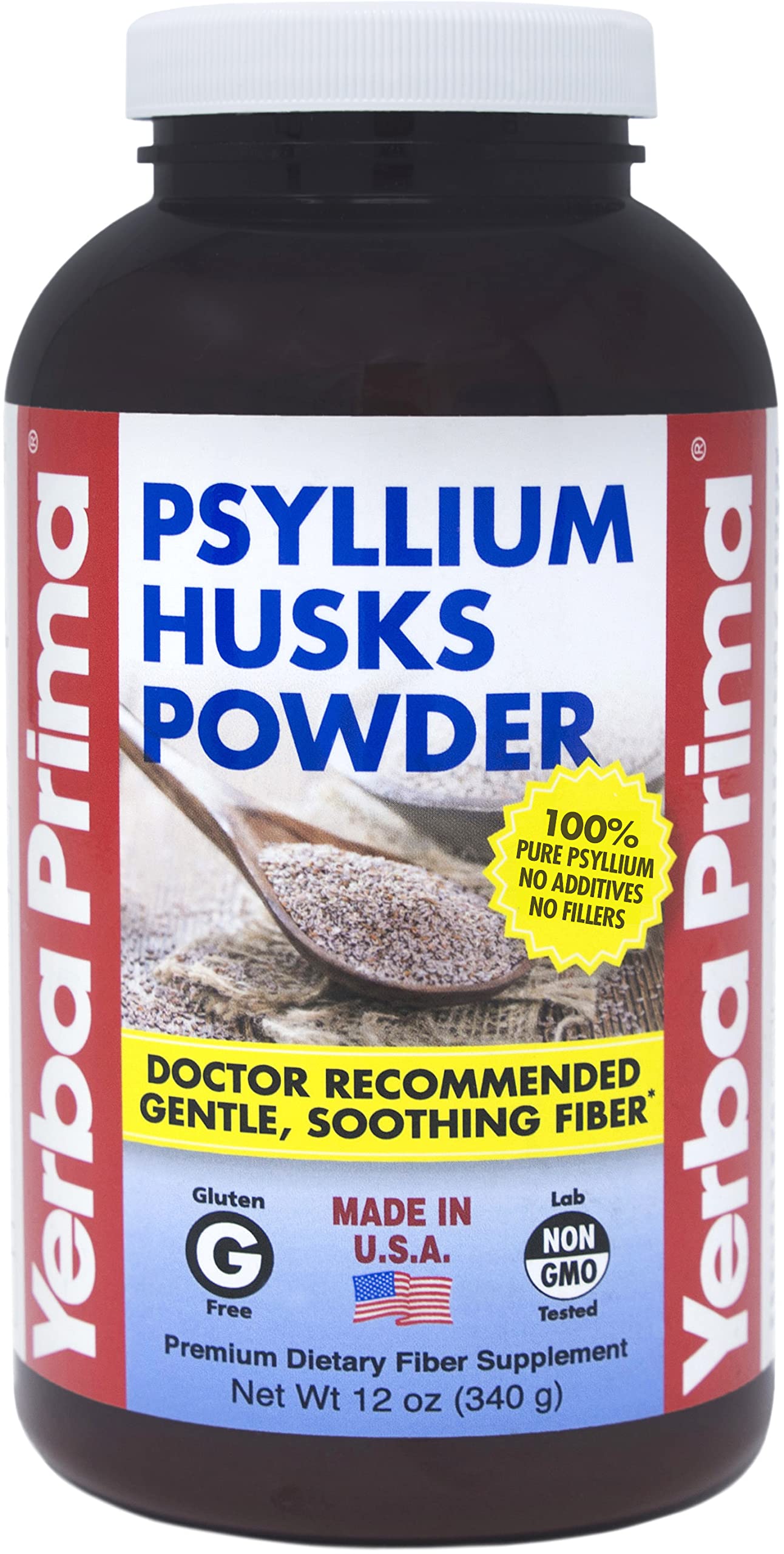 Packaging Yerba Prima Psyllium en poudre prêt à l’emploi, pour une utilisation régulière.