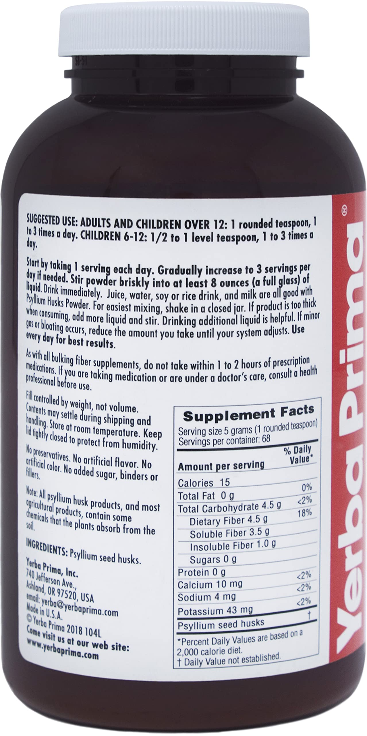 Emballage sans gluten du psyllium Yerba Prima pour les régimes sensibles au gluten.